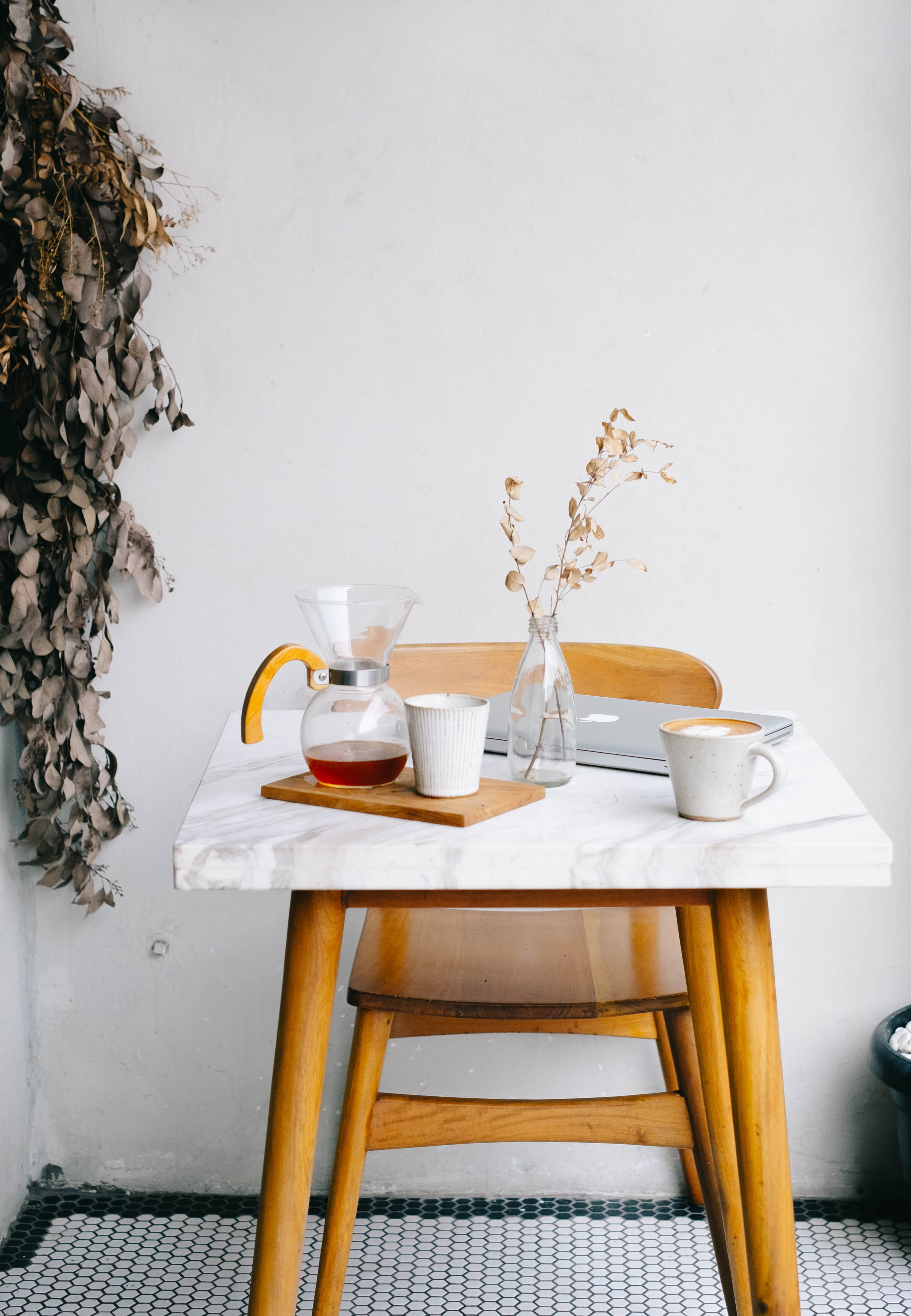flat lay, pitcher, pour over, interior, cappuccino, brown, ceramic, chair, absence, vase, clear, drip coffee, plant, no people, macbook, tea - hot drink, Phone HD Wallpaper
