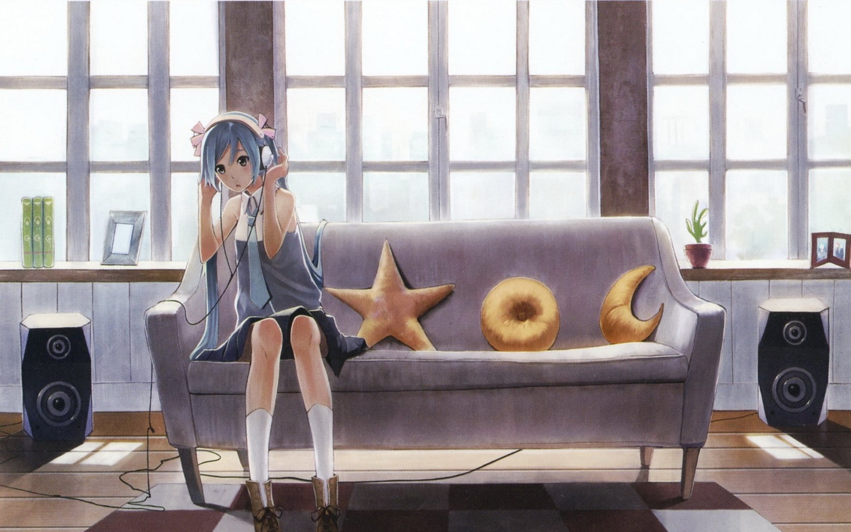 indoors, hd, windows, room, ribbons, vocaloid, socks, couch, art, headphones, hair, stars, blue, miku, speakers, tie, long, hatsune, 720P, technology, HD Wallpaper