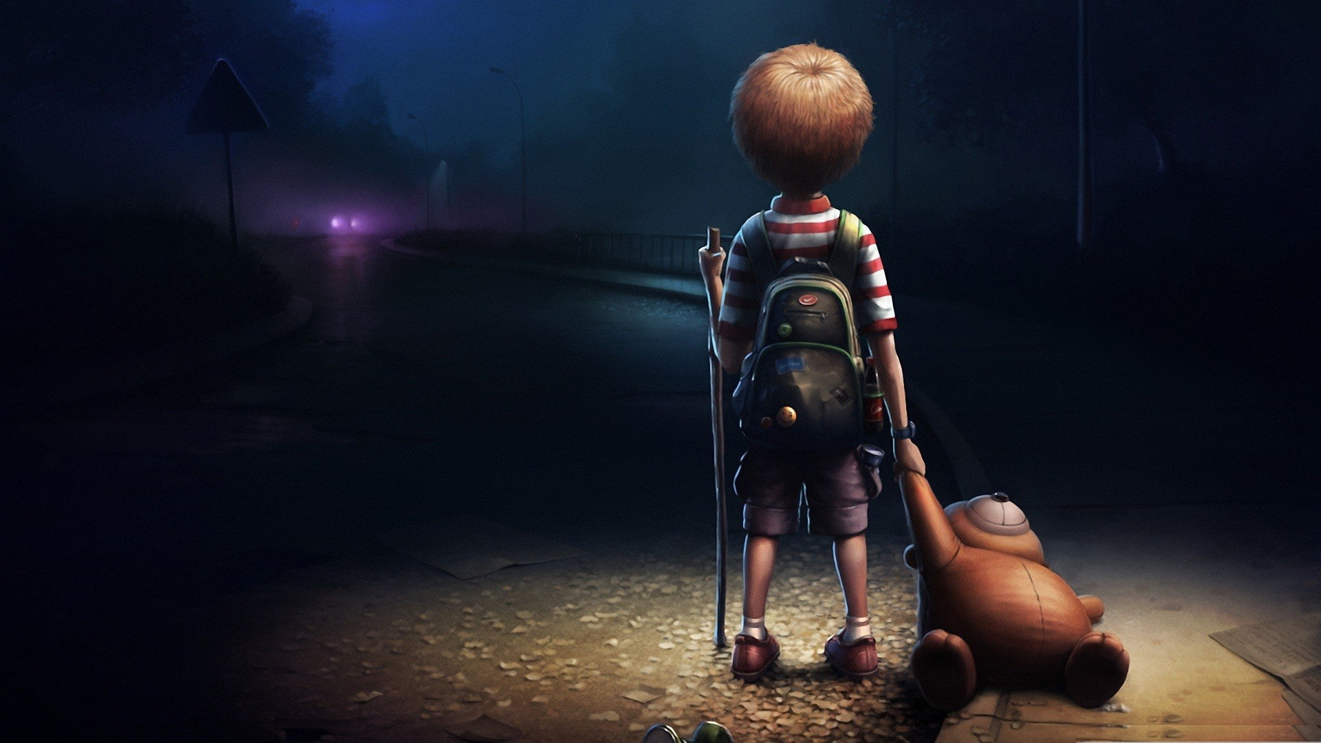 night, bear, Dreams can come true, In a way, adventure, road, 1080P, HD Wallpaper