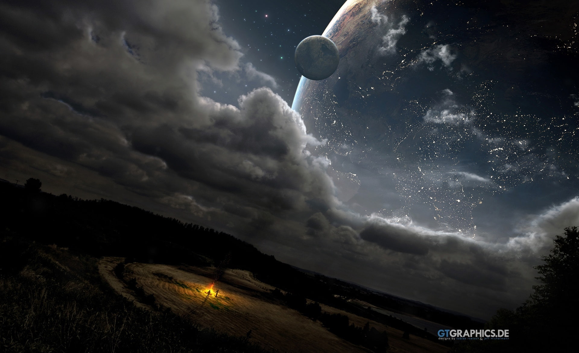 Artistic, space, night, beauty in nature, dusk, digital art, digital composite, scenics - nature, land, full moon, Artwork, power in nature, astronomy, HD Wallpaper
