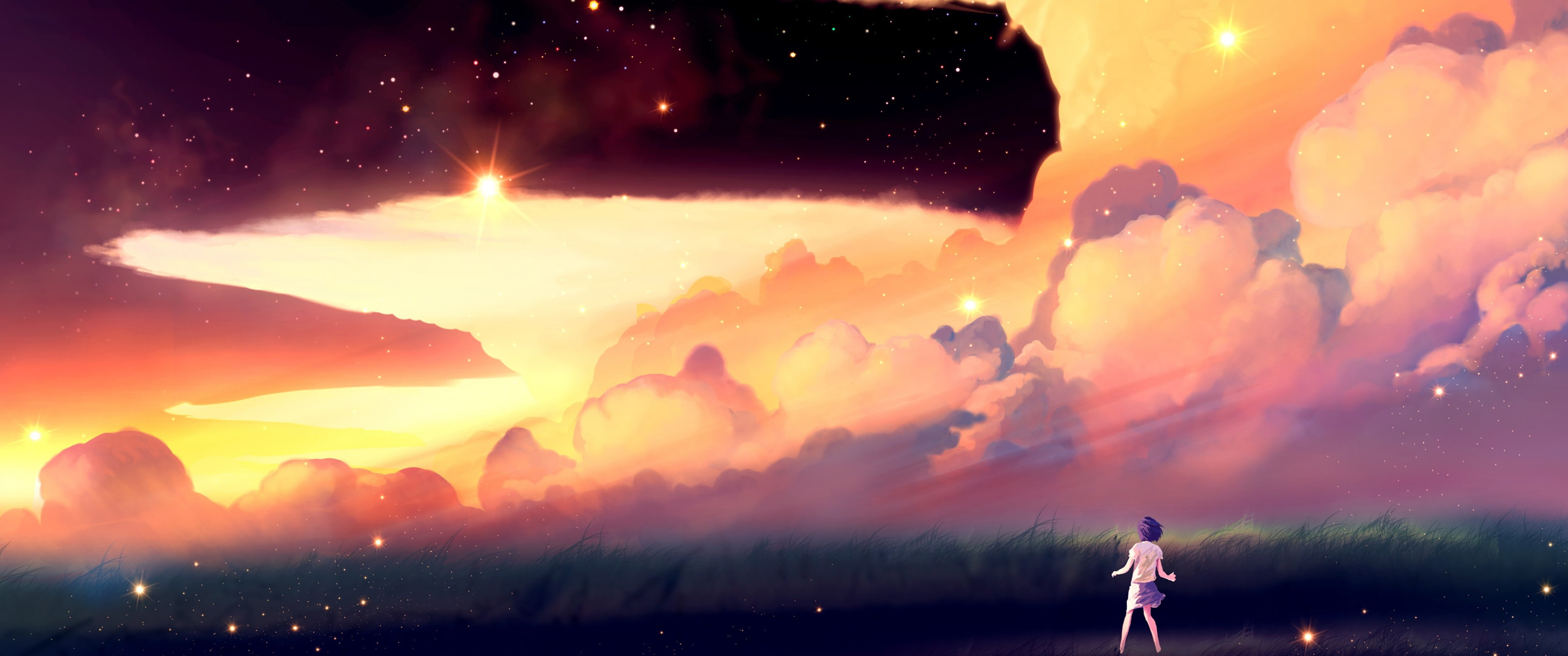 outdoors, nature, star - space, fire, beauty in nature, technology, power in nature, people, children, burning, illuminated, orange color, night, sky, clouds, HD Wallpaper