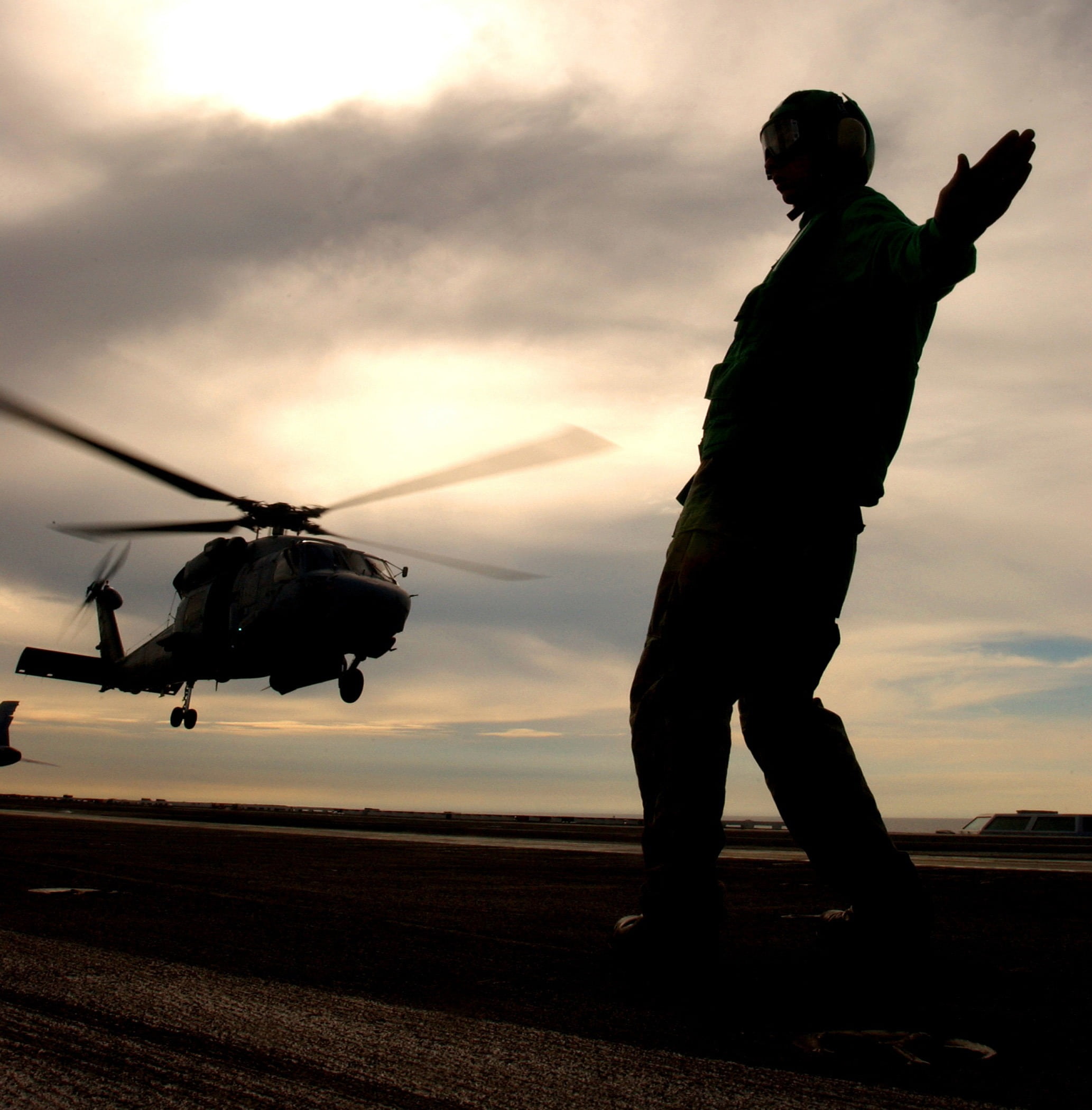uniform, helicopter, clouds, men, h-60 seahawk, rear view, flying, nature, armed forces, sky, hand signal, silhouette, government, one person, ship, outside, Phone HD Wallpaper