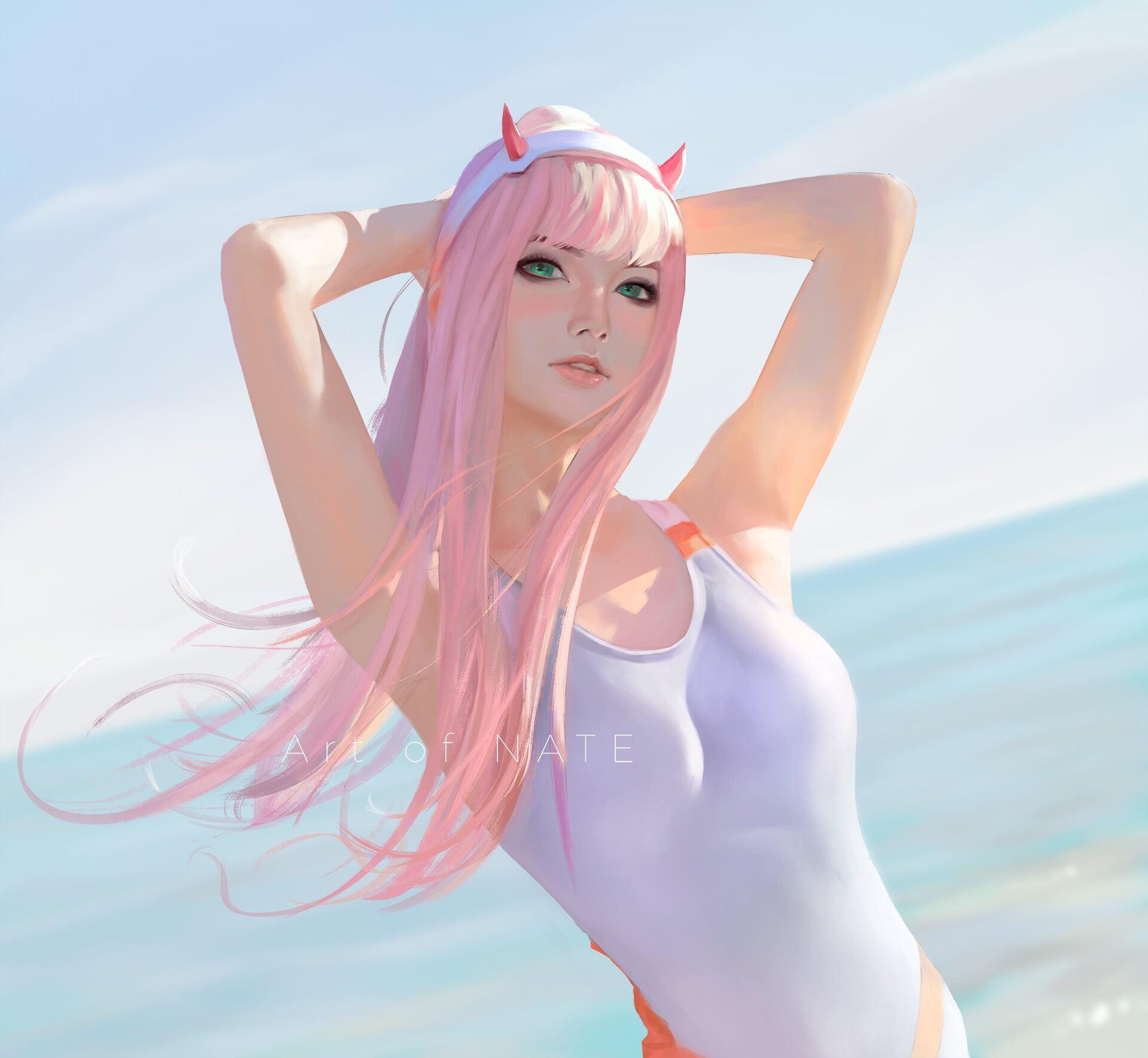 arms up, hands on head, drawing, digital art, pink hair, 1080P, horns, HD Wallpaper