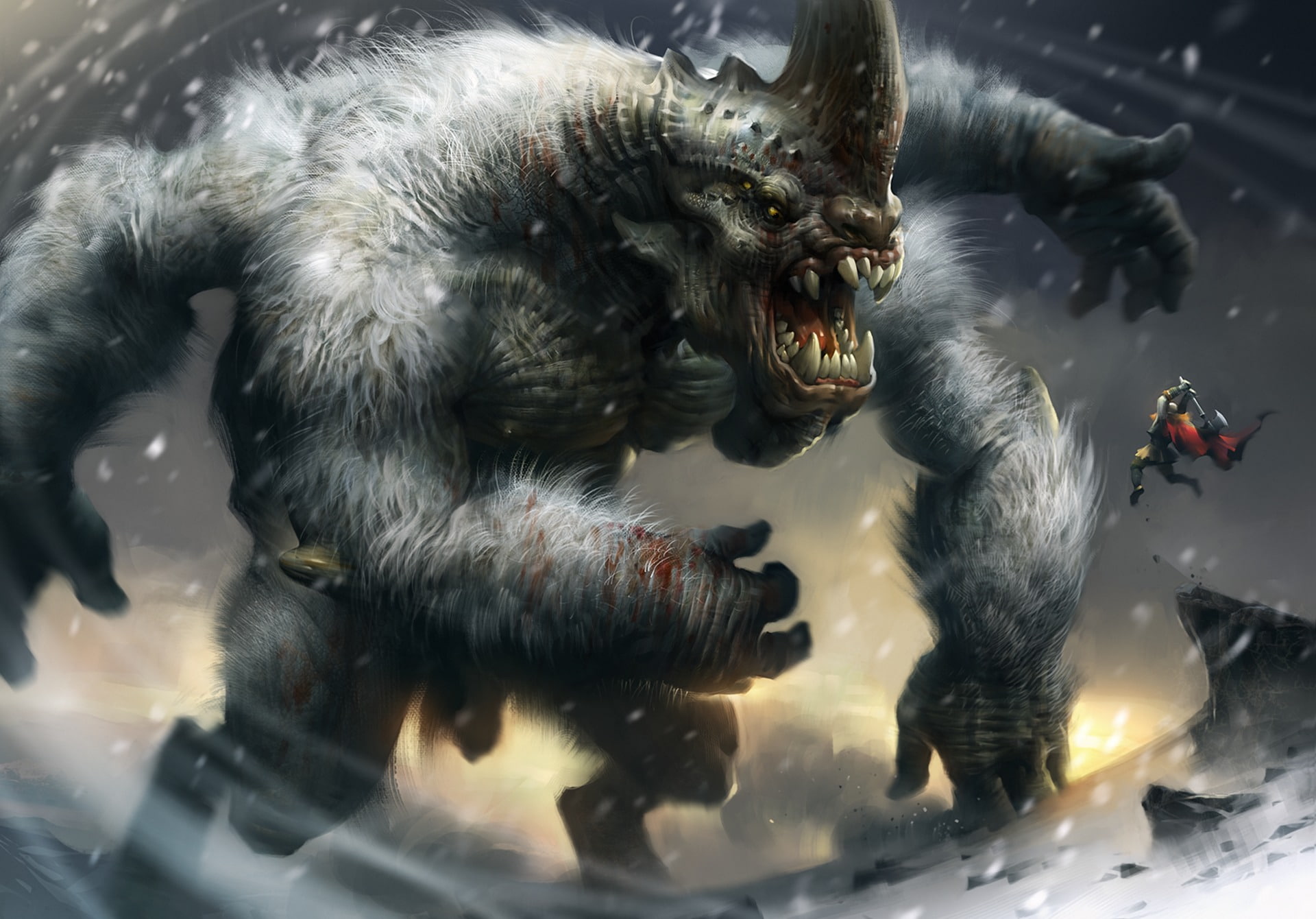 snow, horn, storm, monster, teeth, winter, hands, grin, 1080P, HD Wallpaper