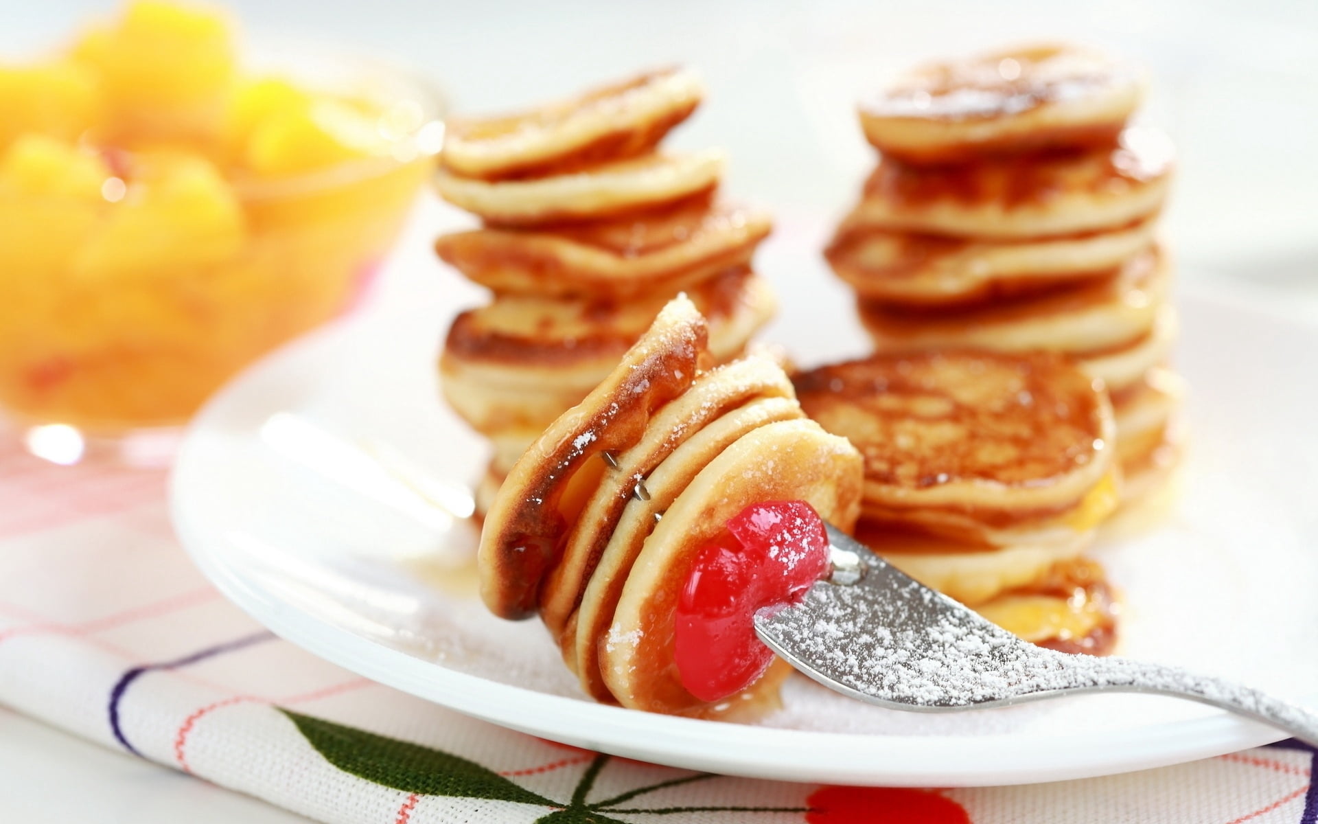 1080P, food, snack, morning, fork, focus on foreground, freshness, indulgence, red, indoors, stack, honey, dinner, fruit, syrup, meal, unhealthy Eating, HD Wallpaper
