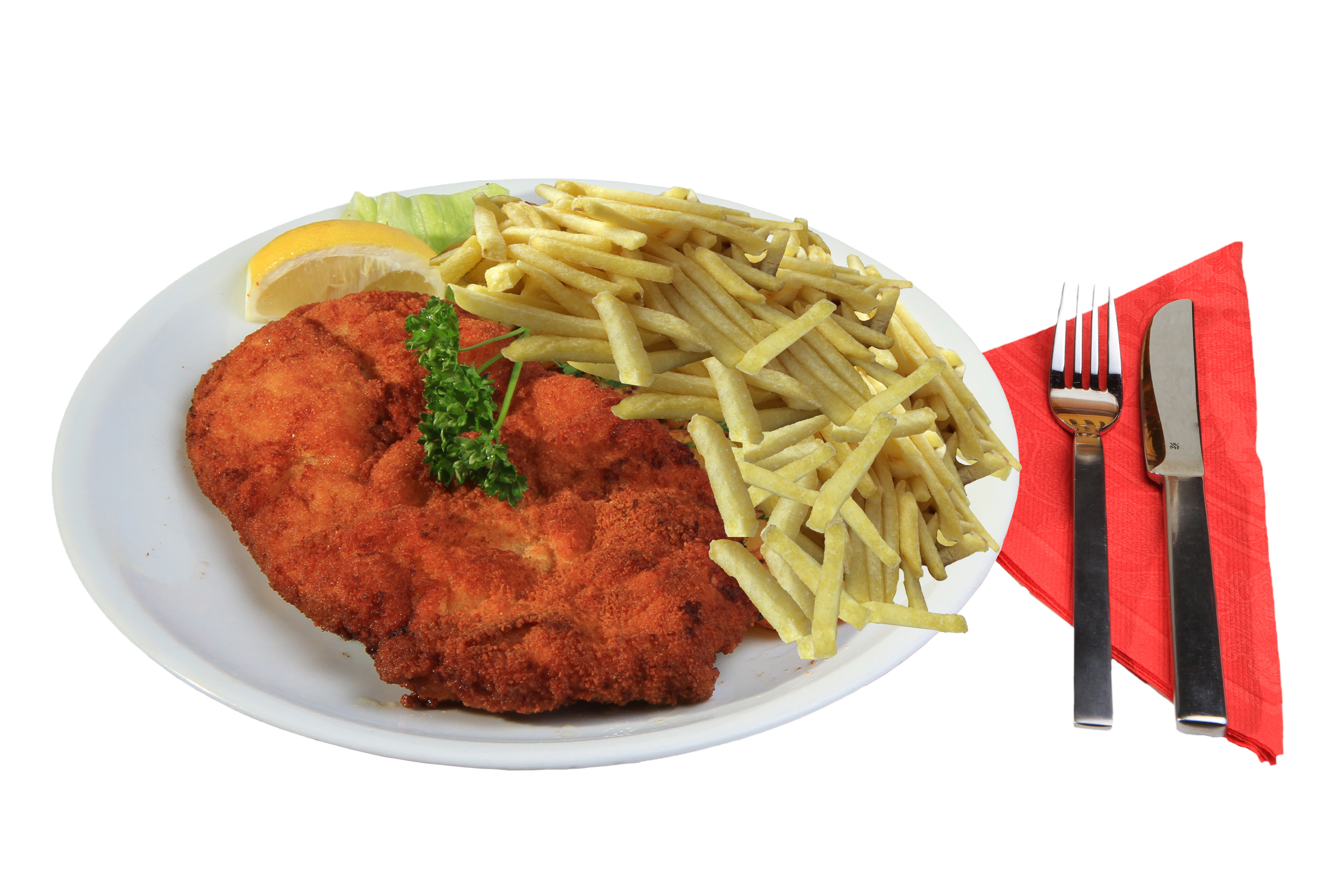 snack, kitchen, white, breaded, cutlery, fork, red, nutrition, lunch, eat, 8K, fast food french fries, knife, prepared potato, lemon, schnitzel, fries, HD Wallpaper