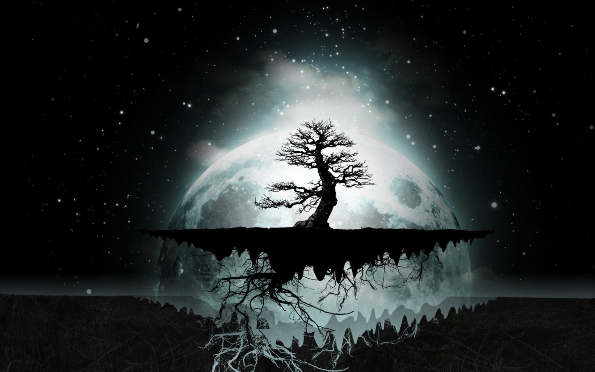 3d and abstract, tree, 1080P, psychedelic, moon, HD Wallpaper
