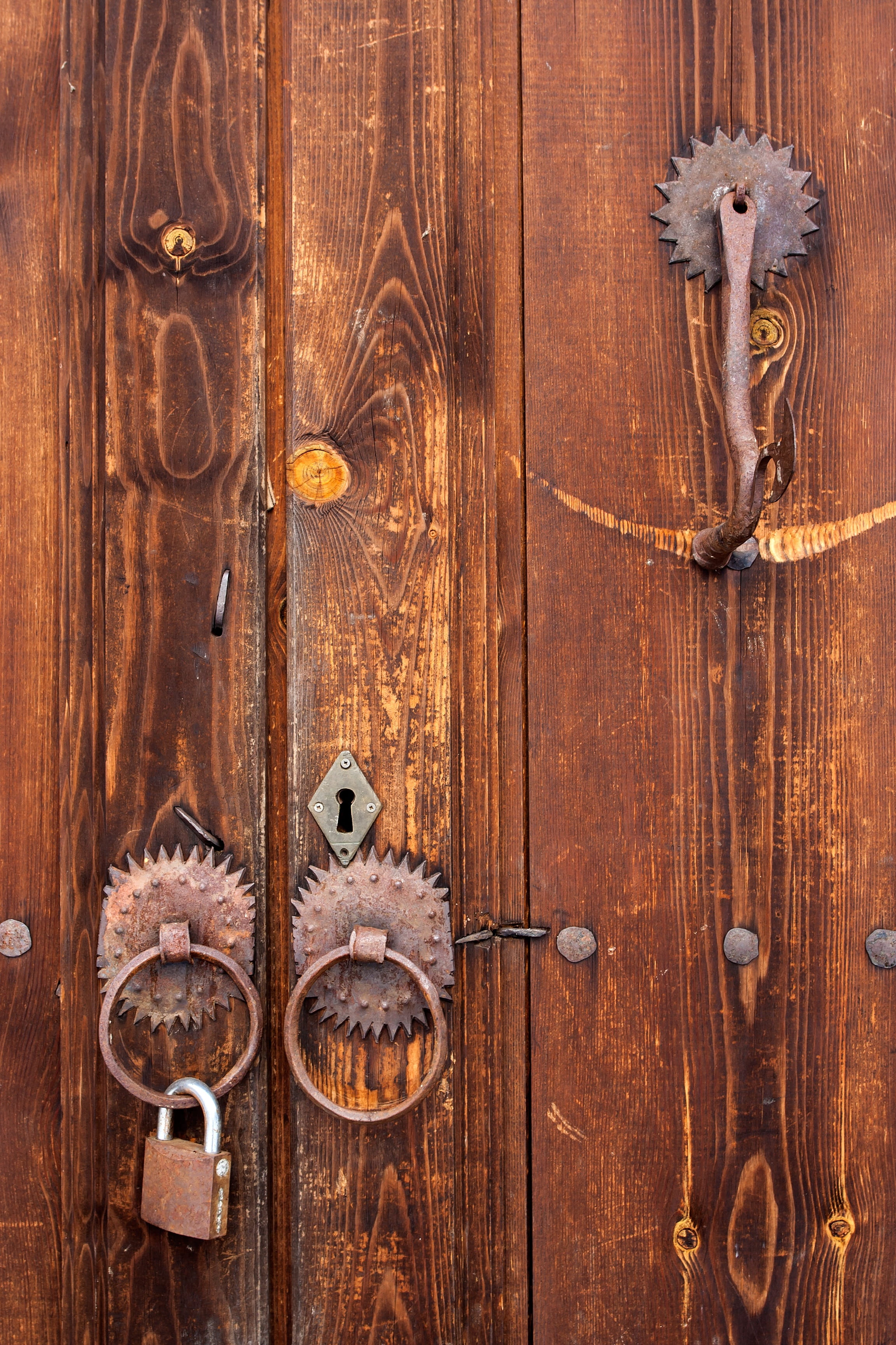 closed, door knocker, tree, safety, entrance, 2K, design, antique, locking, no people, ring, traditional, brown, latch, security, background, round, knock, Phone HD Wallpaper