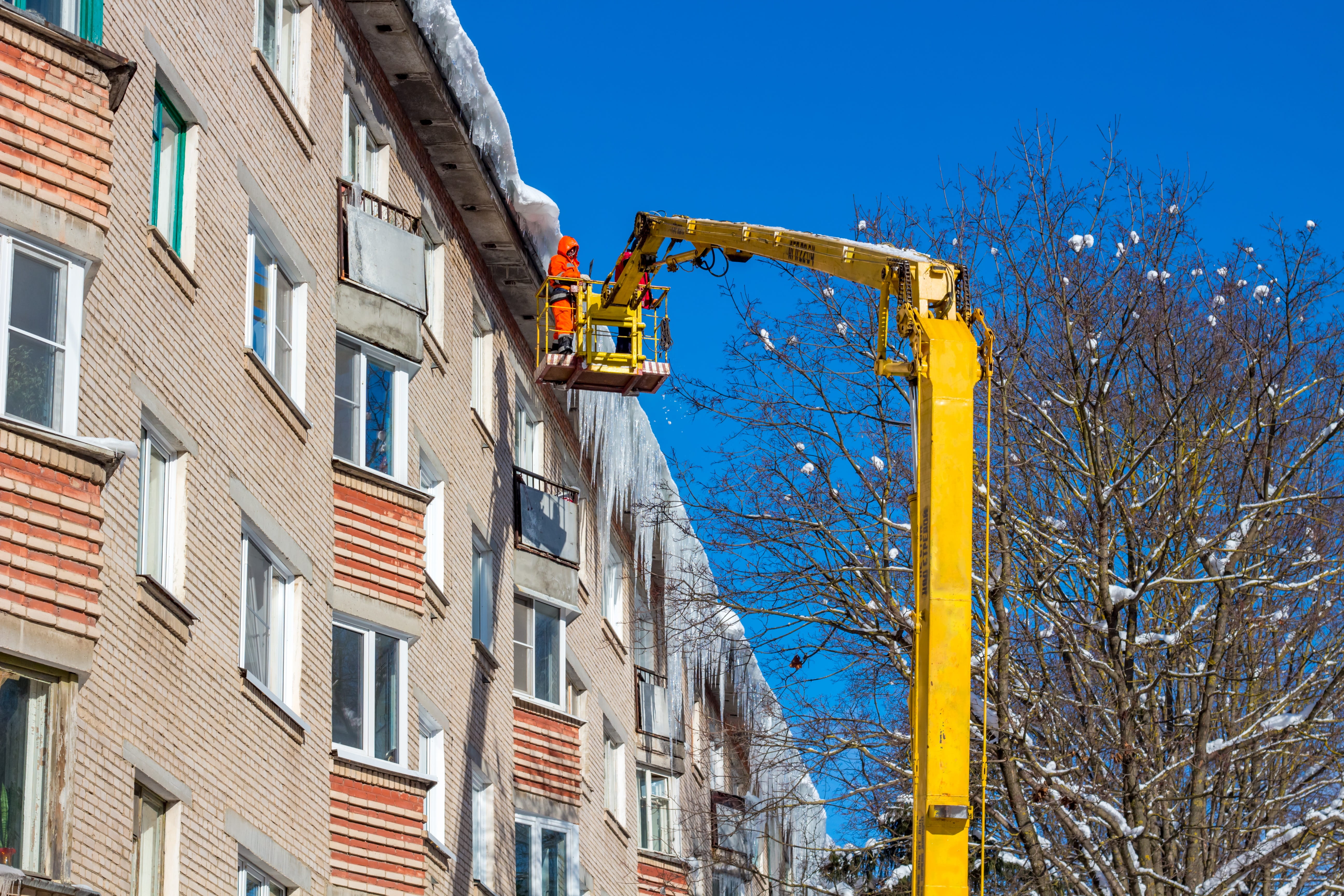 industry, concrete, occupation, winter, day, low angle view, icicles, tree, knocks, construction site, machinery, 5K, architecture, built structure, blue, HD Wallpaper