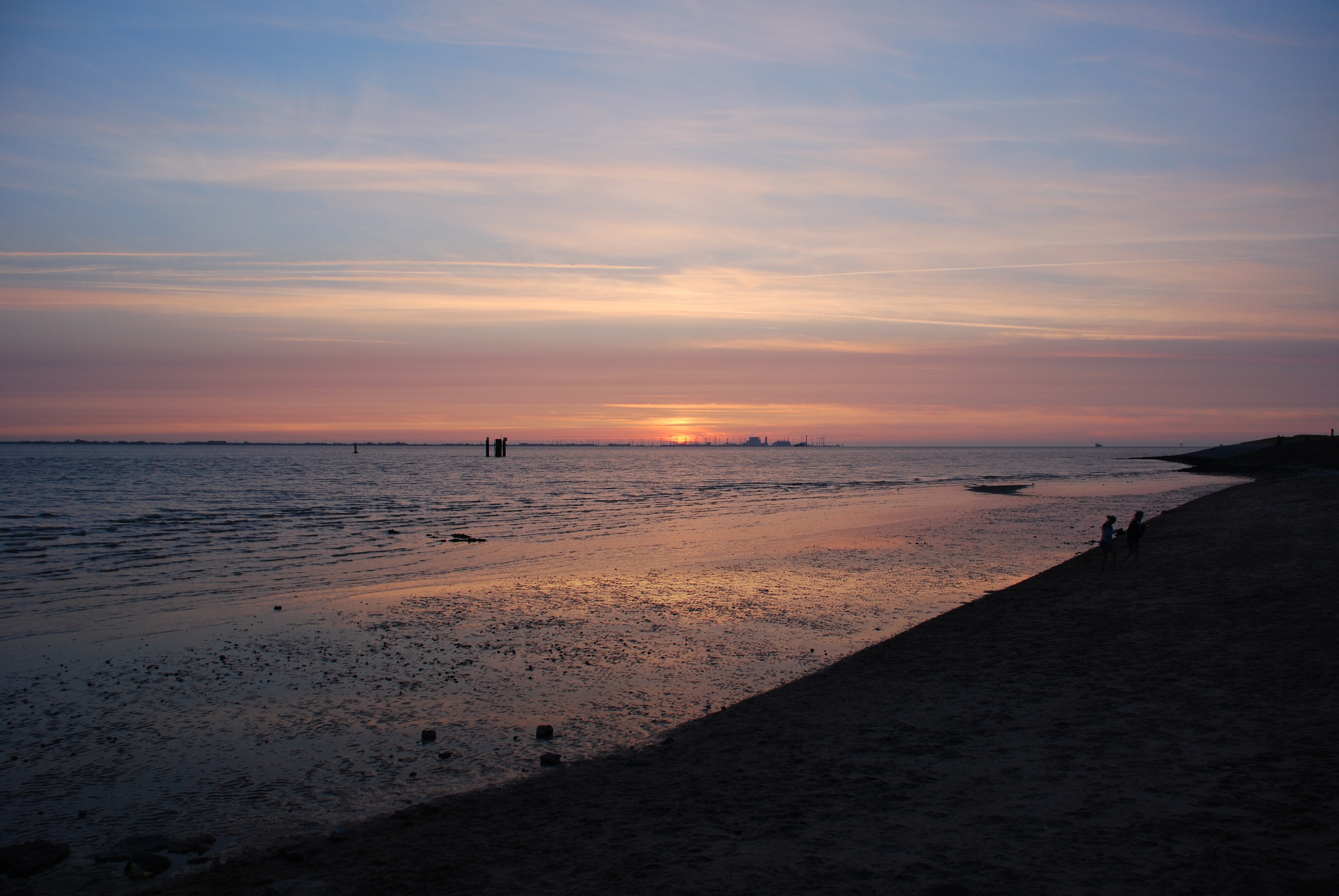 coastline, tranquility, orange color, sand, sunset, tranquil scene, horizon over water, incidental people, non-urban scene, emden, scenics - nature, coast, HD Wallpaper