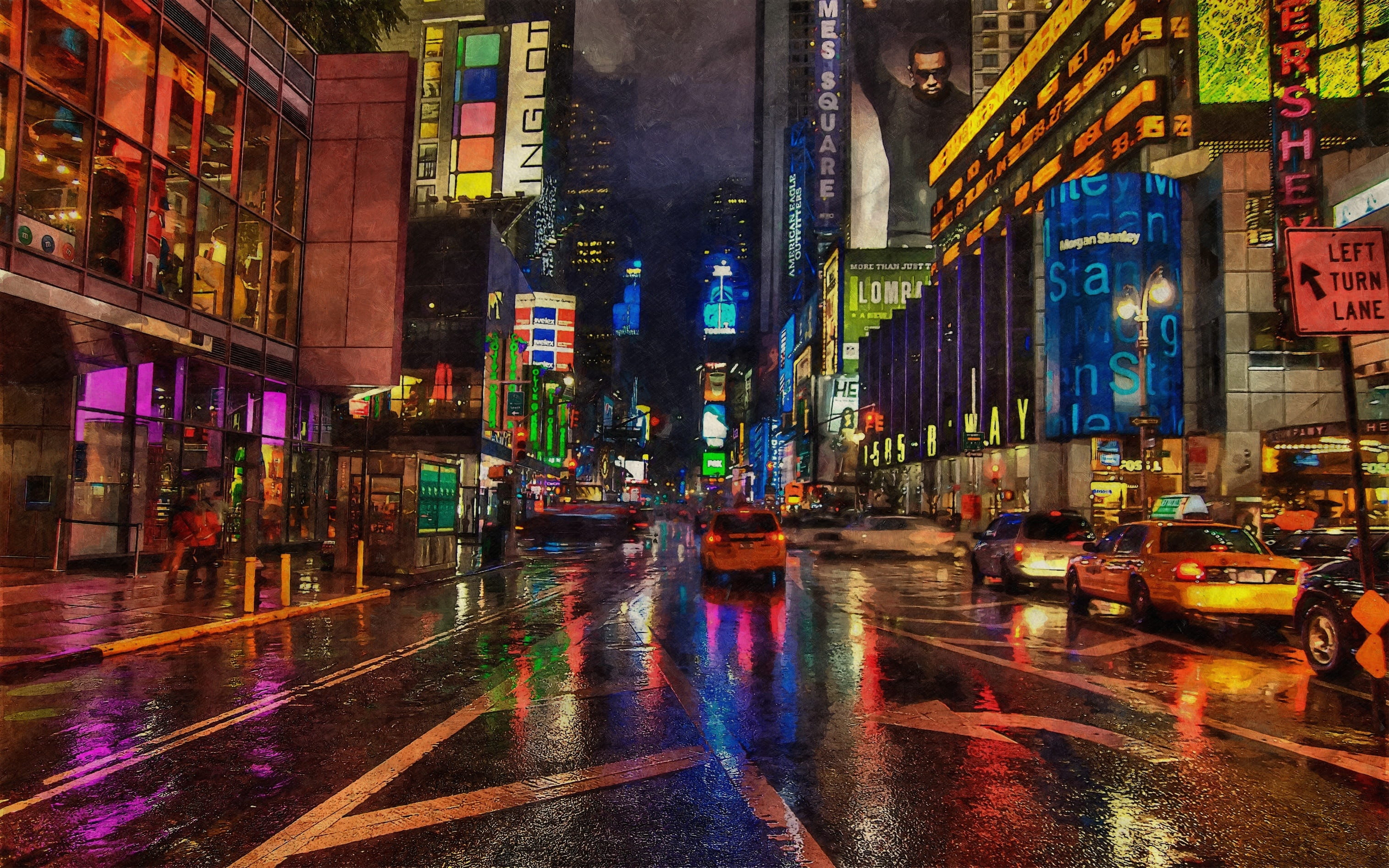 multi colored, ny, reflection, office building exterior, transportation, rainy season, lighting, skyscraper, evening, architecture, wet, art, work, photo, HD Wallpaper