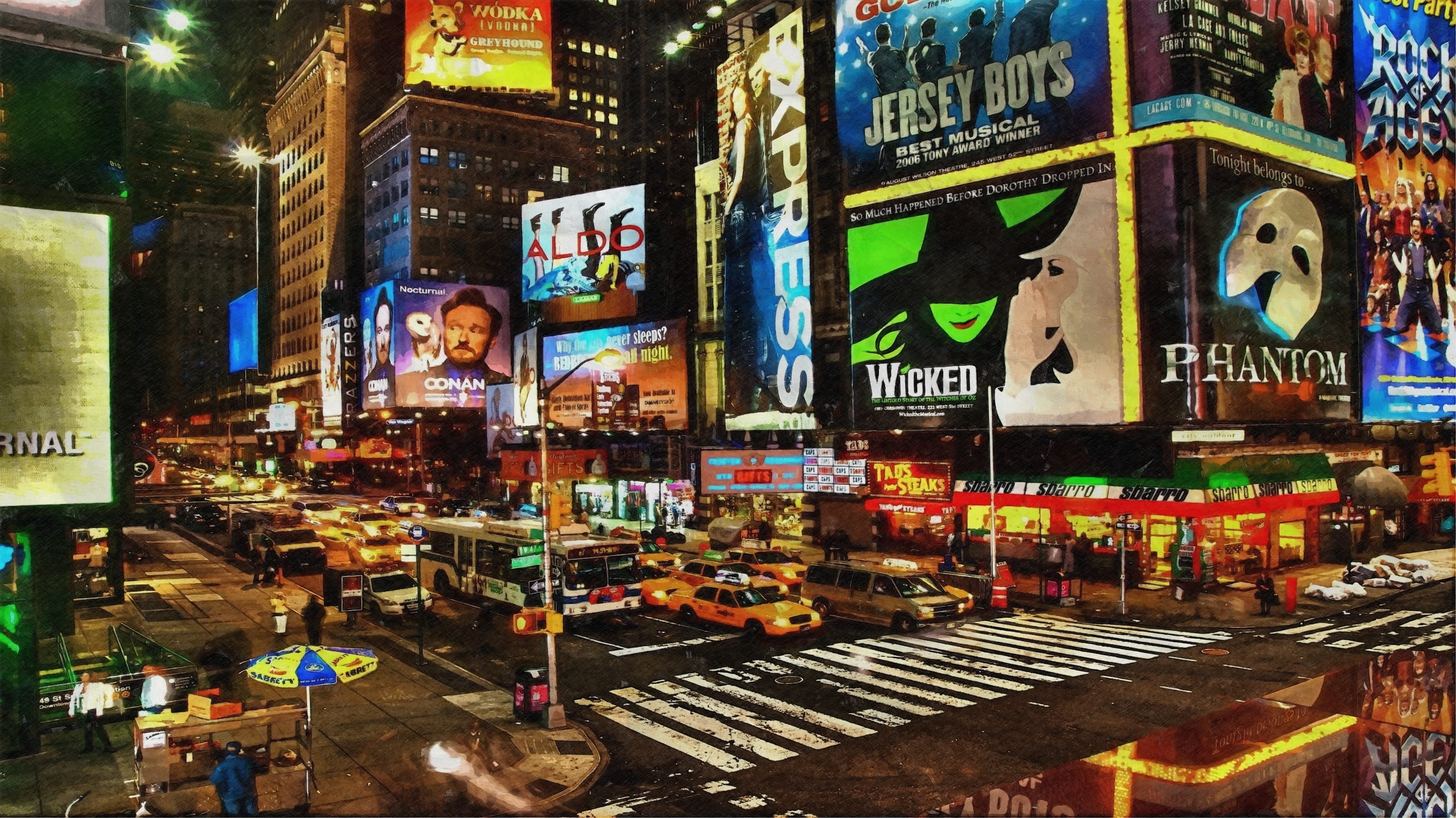 city life, mode of transportation, square, illuminated, text, advertisement, lights, neon, manipulation, ny, skyscraper, photo, transportation, view, car, HD Wallpaper
