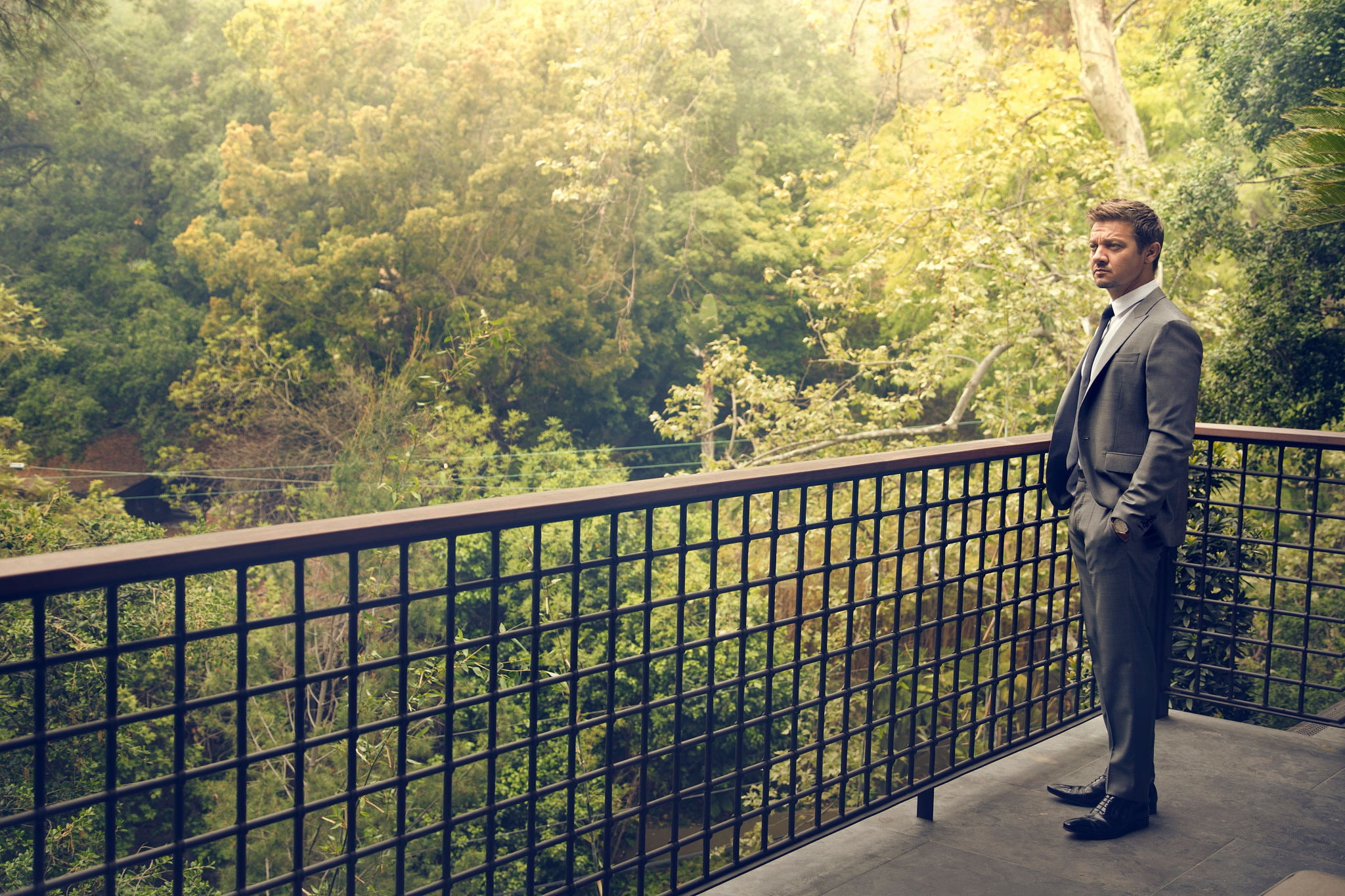 trees, terrace, 2016, Jeremy Renner, the parapet, Robb Report, costume, actor, summer, Randall Slavin, 1080P, photoshoot, greens, HD Wallpaper