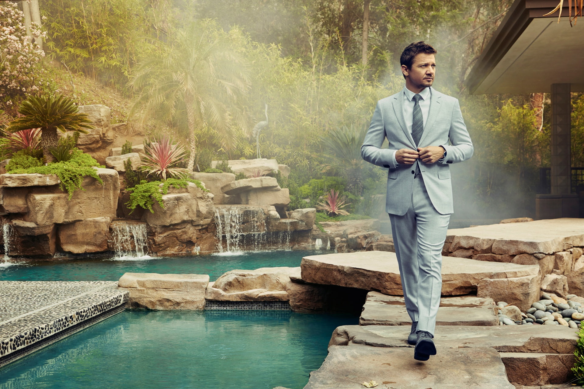 fog, stones, photoshoot, the bushes, actor, greens, costume, Robb Report, garden, Jeremy Renner, water, trees, Randall Slavin, 1080P, HD Wallpaper