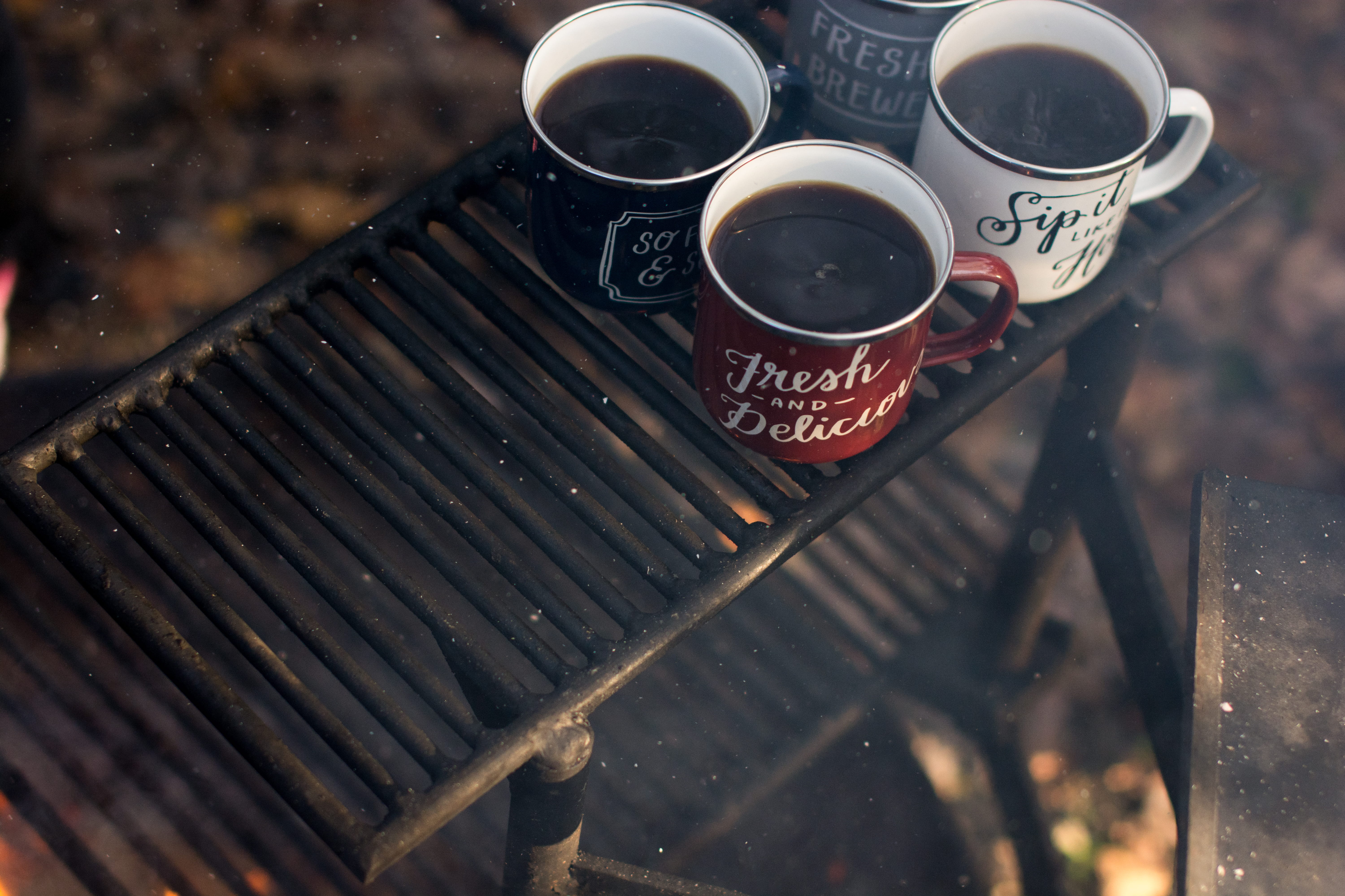 coffee cup, protection, mug, ceramic, camping, safety, coffee, focus on foreground, cup, day, nature, black, color, enamel, heat - Temperature, wood - material, HD Wallpaper