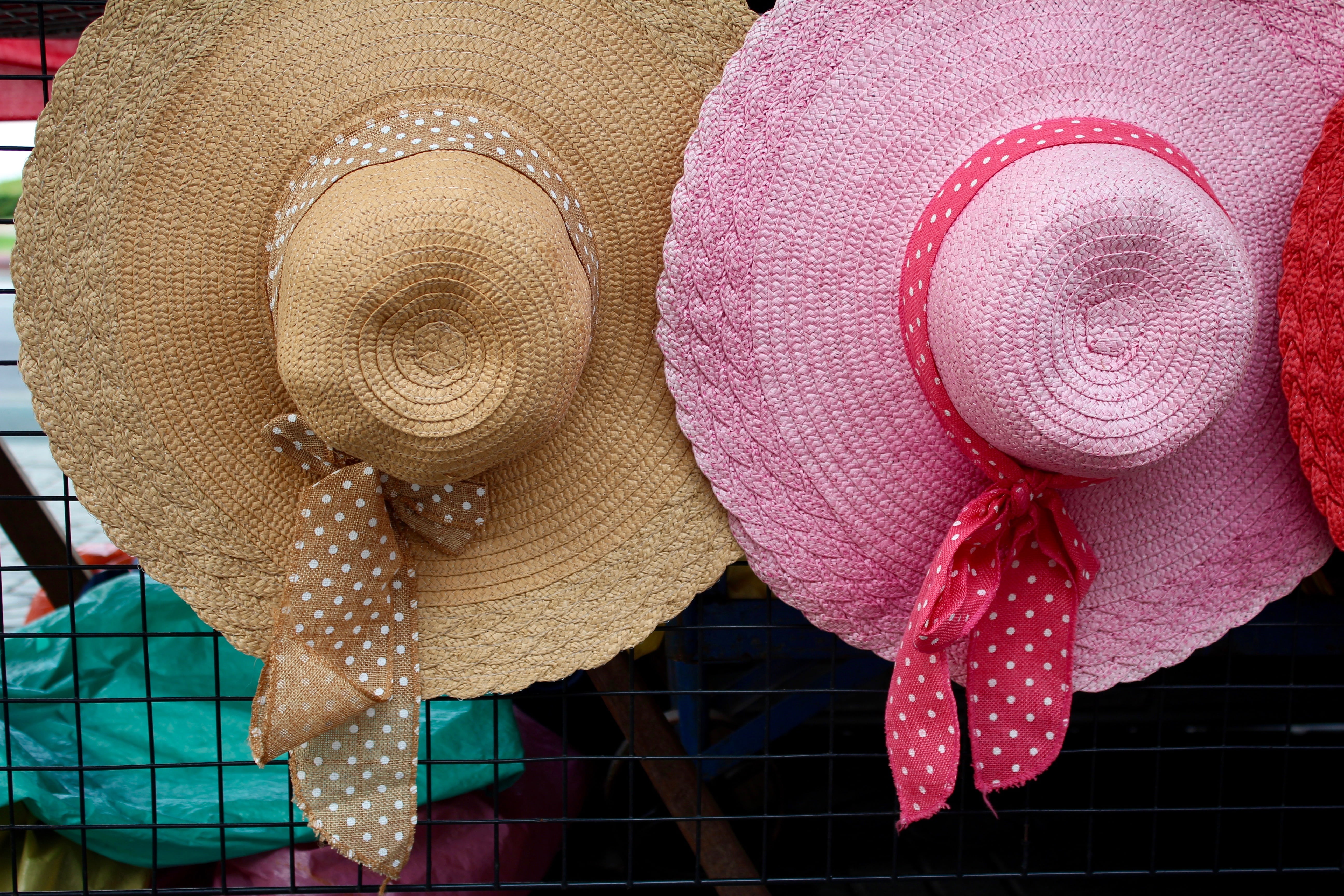 summer hat, two, plate cap, for sale, brown, security, protection, day, sun hat, design, 5K, color, floral pattern, fashion, retail, cap, pattern, straw hat, HD Wallpaper