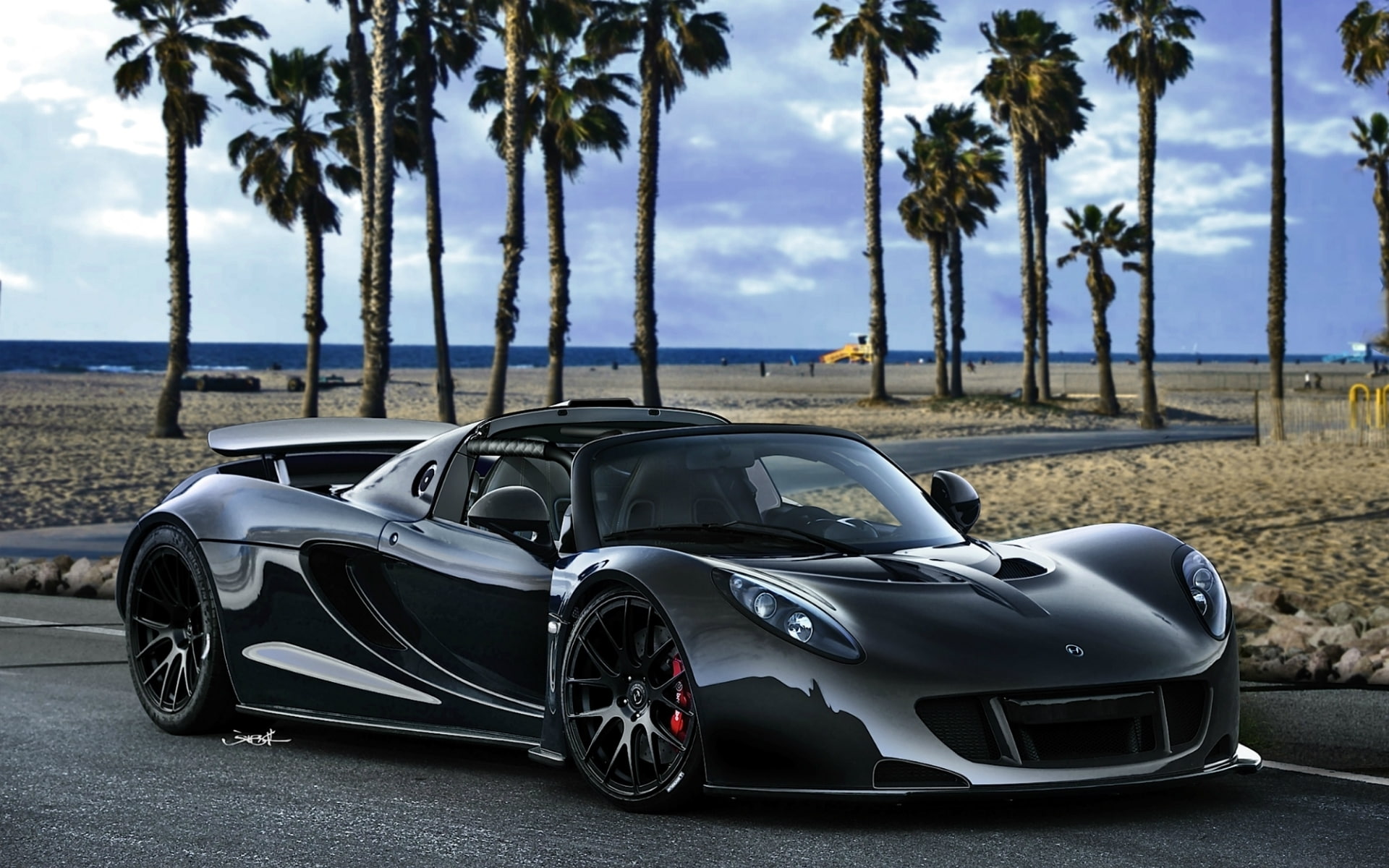 beach, shiny, engine, Hennessey, land, sport, palm tree, the front, day, coupe, design, black, tree, growth, elegance, modern, sea, supercar, outdoors, HD Wallpaper