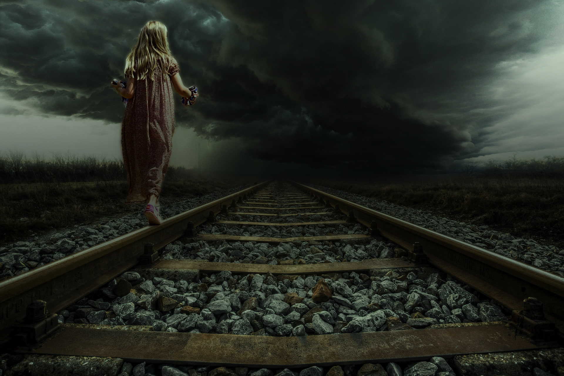 Landscape, 1080P, Luc Destoop, Thunderstorm, Railroad tracks, Rails, Art, by Luc Destoop, Clouds, Ways, Girl, Road, The way, Rail journey, The storm, Walking, HD Wallpaper