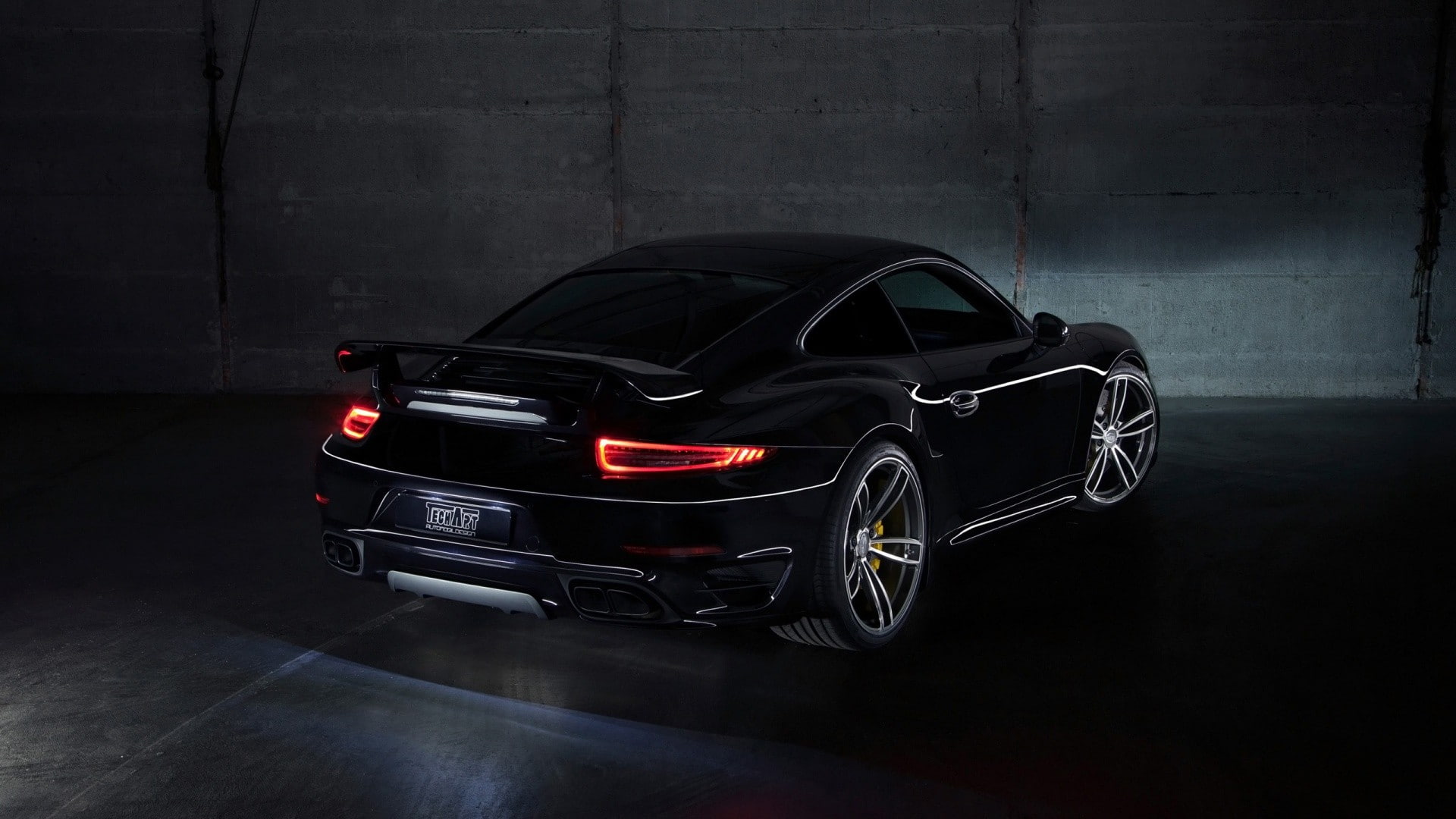 TechArt, Porsche, city, indoors, speed, safety, ominous, car, mode of transportation, black cars, no people, black color, vehicle, sports car, illuminated, HD Wallpaper