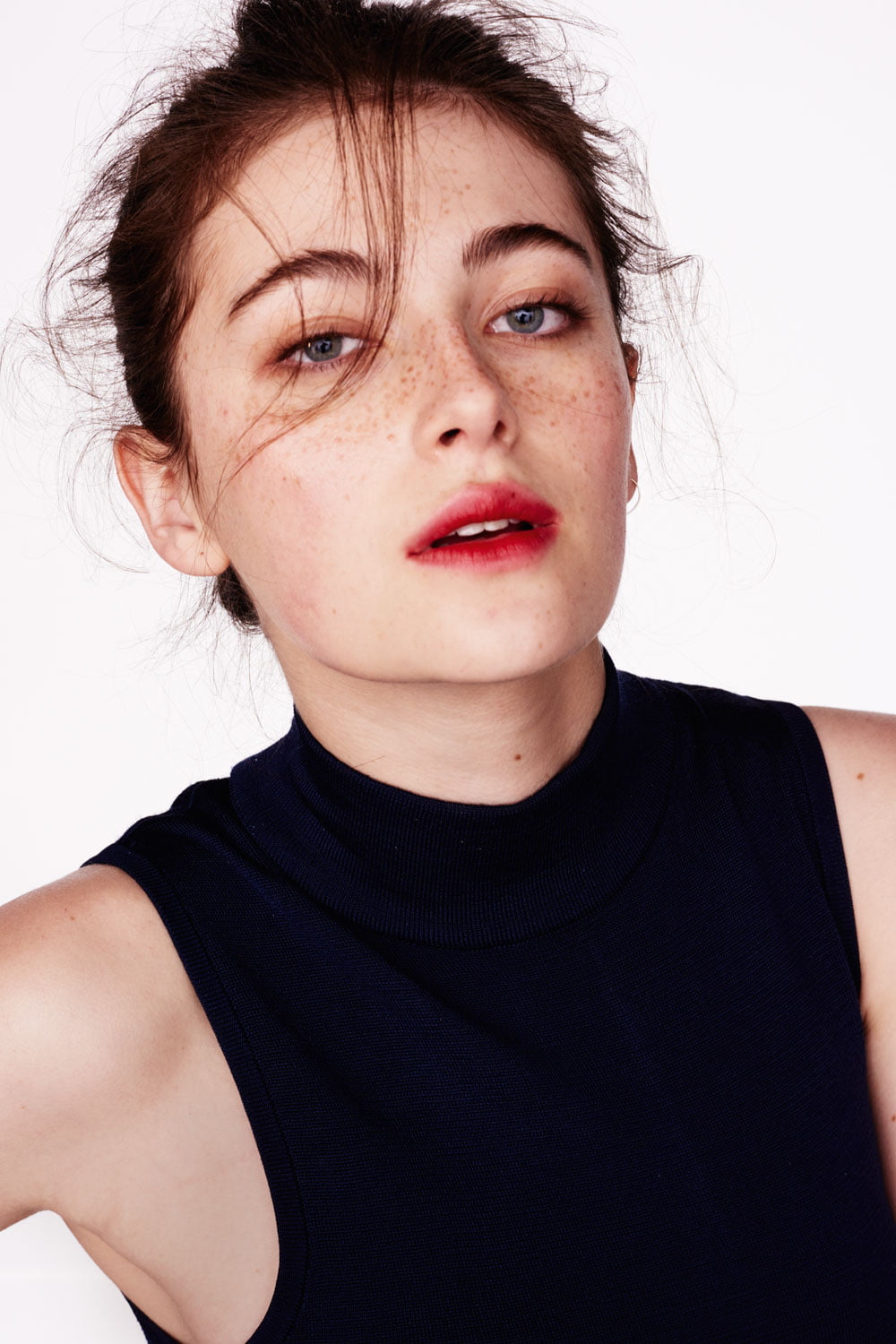 women, green eyes, lipstick, brunette, actress, Millie Brady, face, 720P, Phone HD Wallpaper