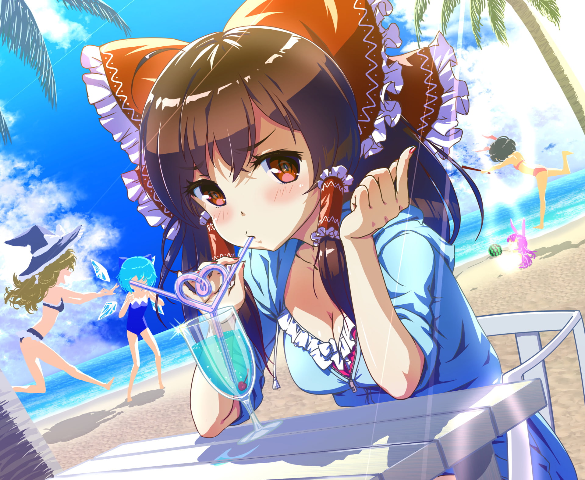 1080P, Marisa Kirisame, Reimu Hakurei, Tewi Inaba, Touhou, Reisen Udongein Inaba, Cirno (Touhou), Anime, HD Wallpaper