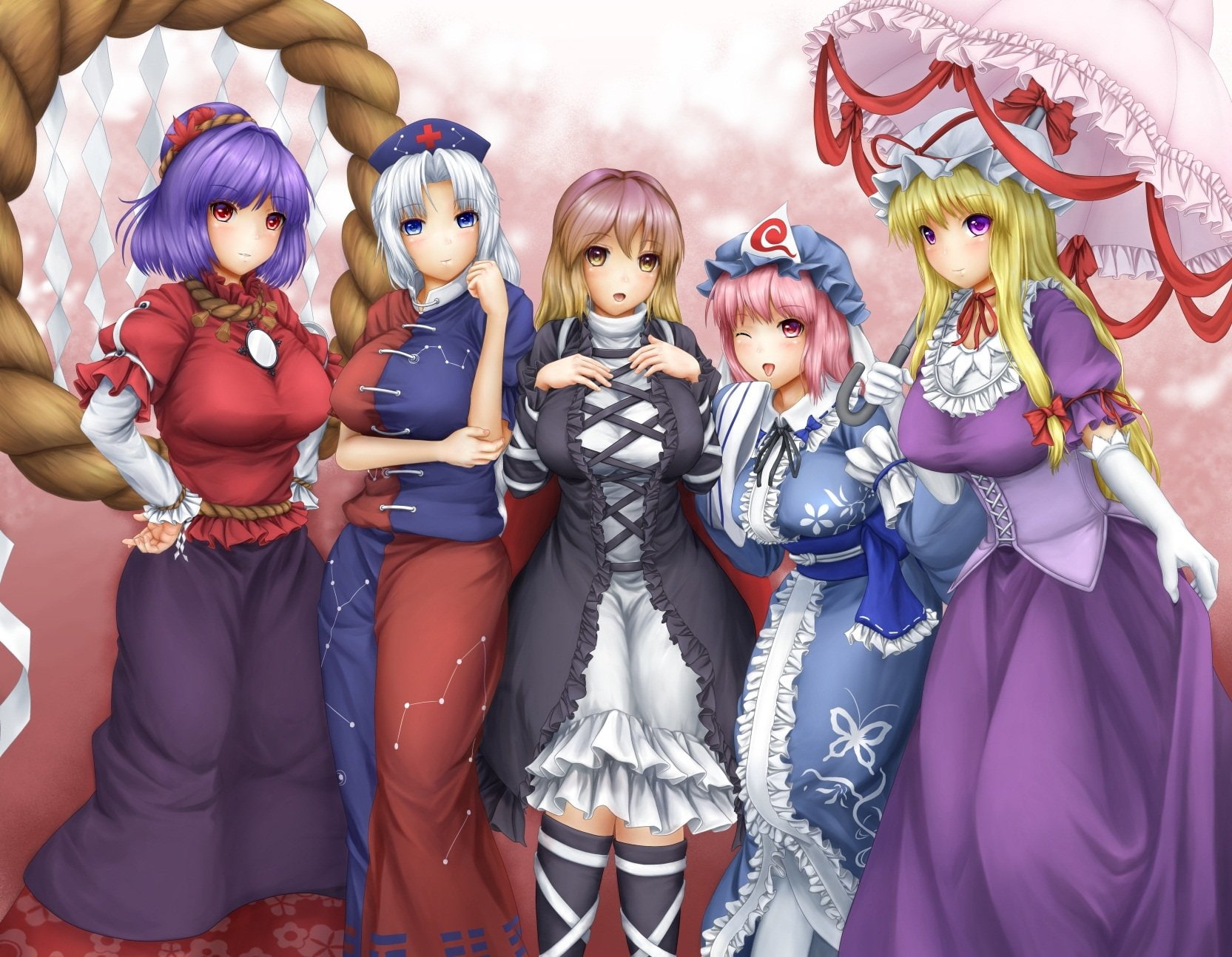 Yuyuko Saigyouji, Eirin Yagokoro, Kanako Yasaka, Yukari Yakumo, Byakuren Hijiri, Anime, Touhou, 720P, HD Wallpaper