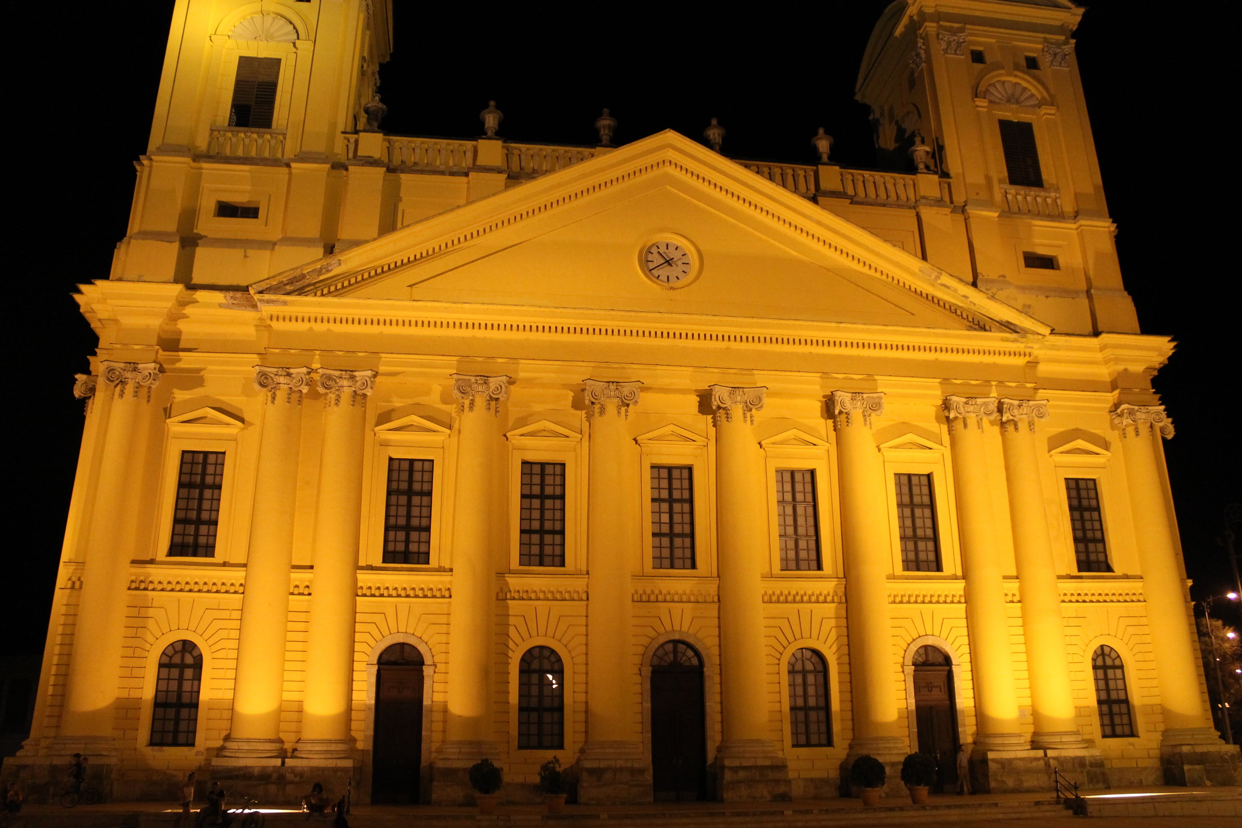 no people, the great church of debrecen, facade, architectural column, night, city, the past, nature, reformed church, courthouse, sculpture, architecture, HD Wallpaper