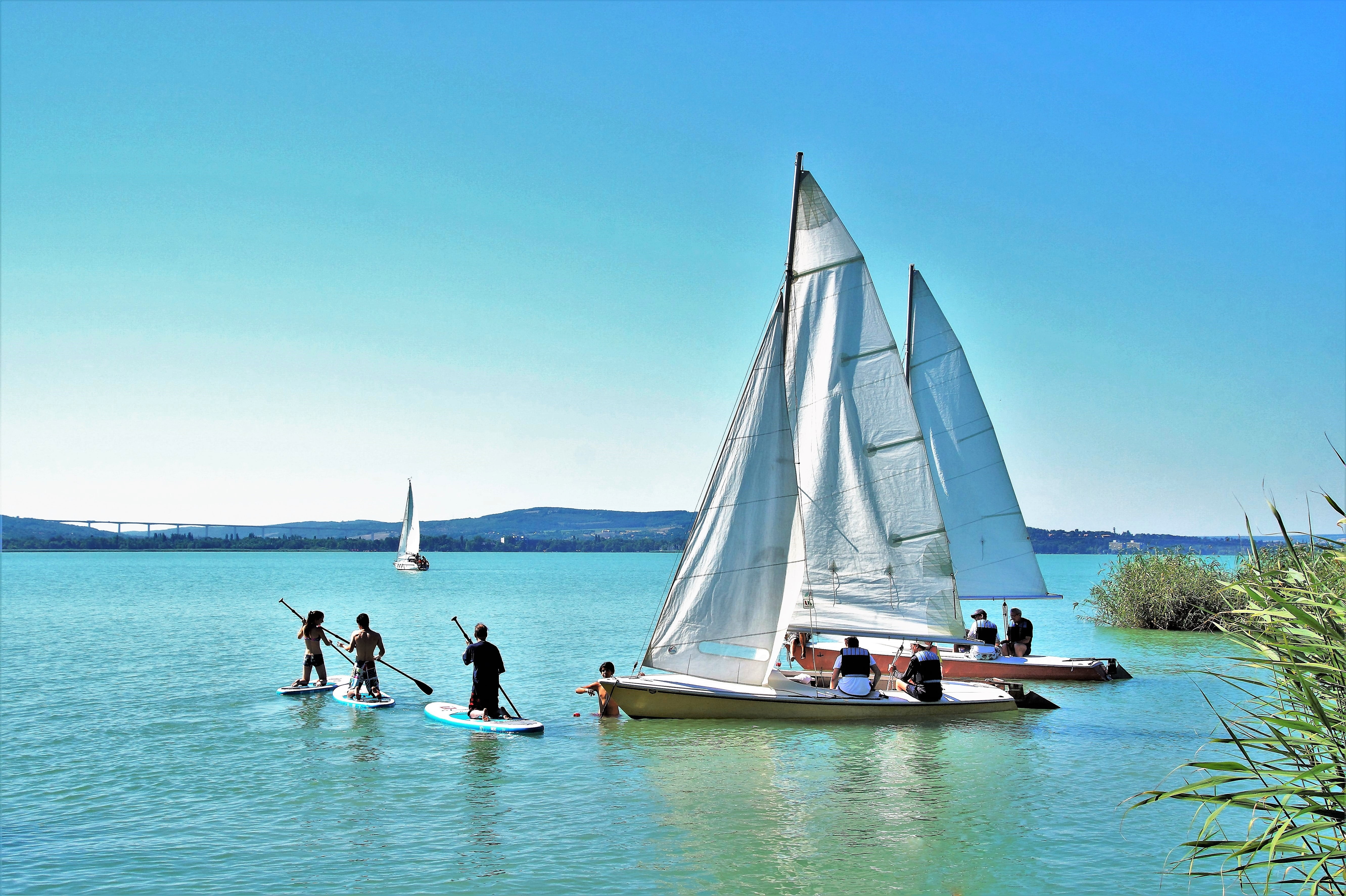 sailboat, sail, sport, lifestyles, group of people, travel, people, ship, lake, yacht, riding, water, blue, paddling, transportation, balaton, 5K, sea, HD Wallpaper