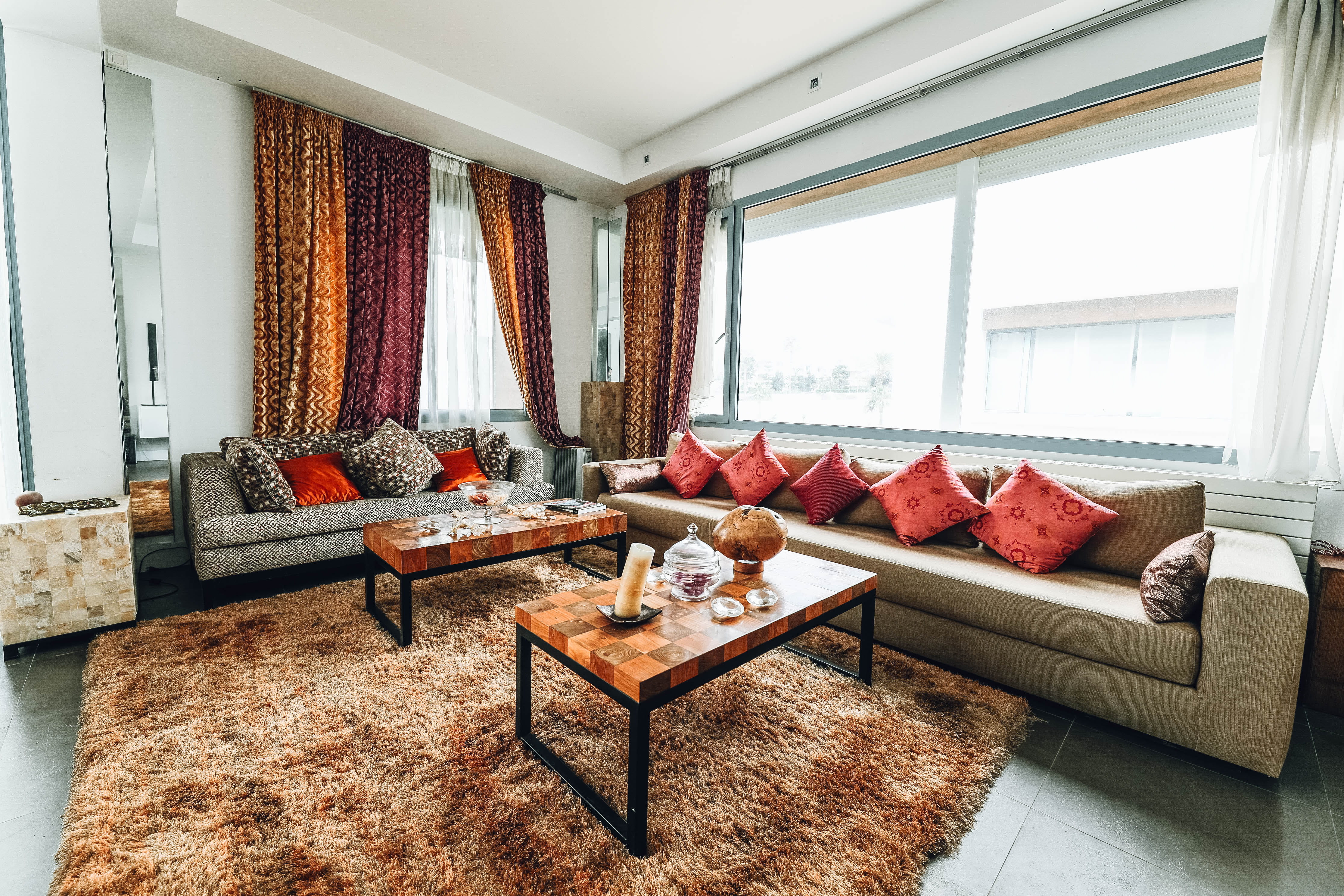 interior design, home interior, contemporary, curtain, window, building, day, apartment, inside, 4K, brown, throw pillows, no people, modern, windows, HD Wallpaper