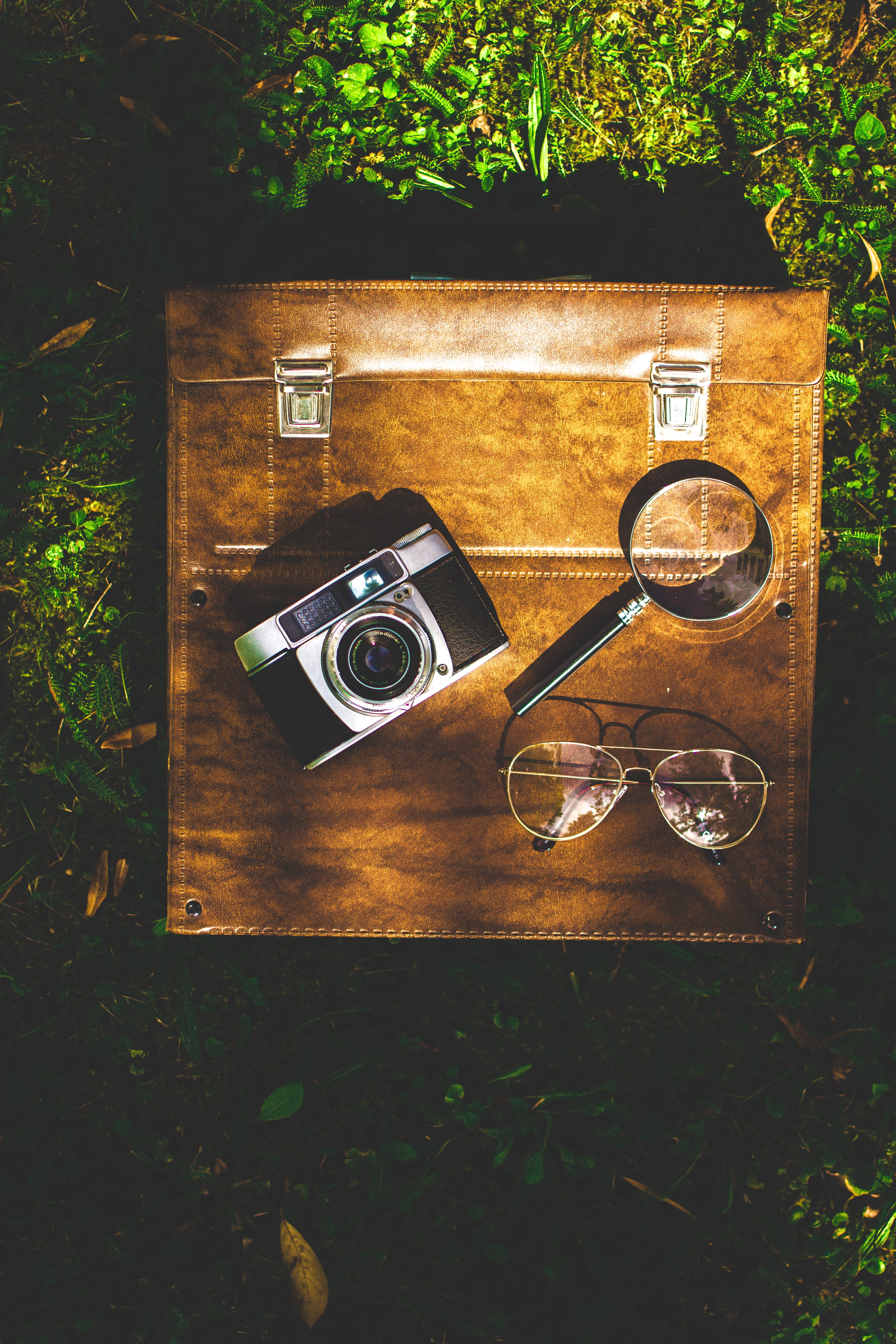 photo camera, high angle view, old, 5K, retro styled, silver, grass, beside, at that time, go away, day, meadow, digital camera, camera, luggage, vintage, Phone HD Wallpaper