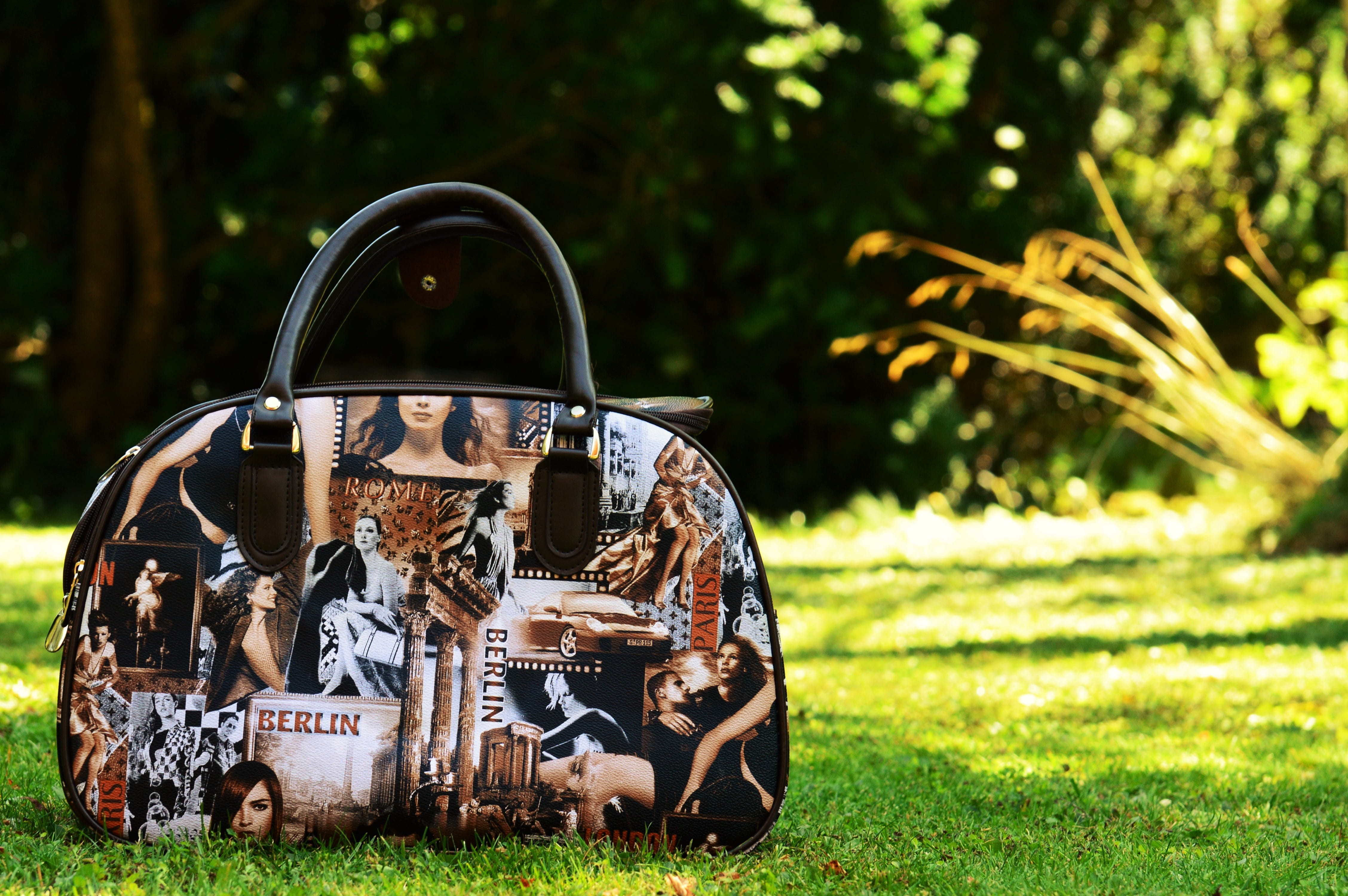 handbag, travel, cities, tree, sunlight, nature, holidays, front or back yard, bag, selective focus, green, go away, day, plant, retro styled, 4K, park - man made space, HD Wallpaper