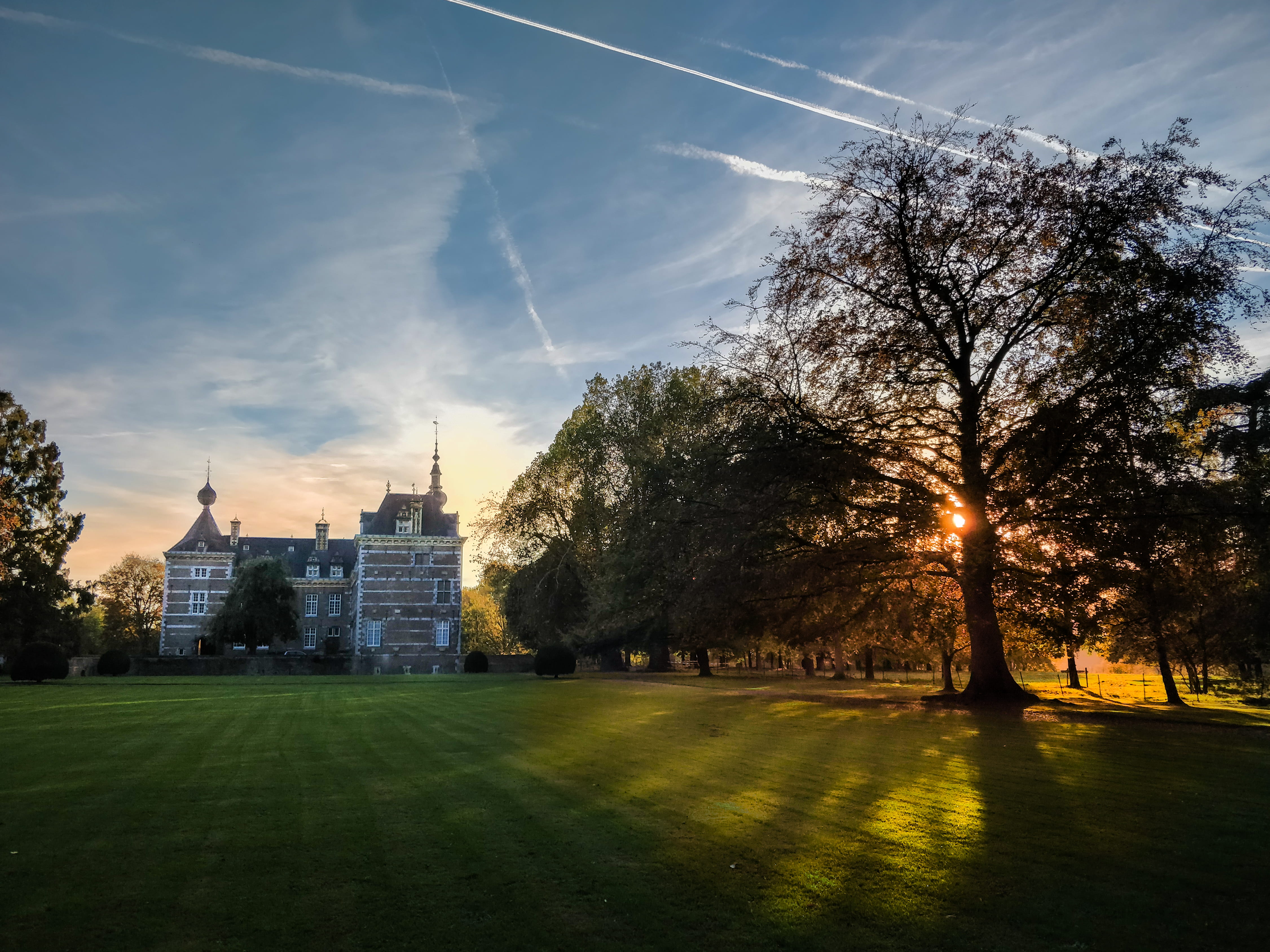 lawn, castle, land, trees, field, building exterior, spire, sunlight, no people, outdoors, green color, white, green, plant, park, architecture, nature, HD Wallpaper