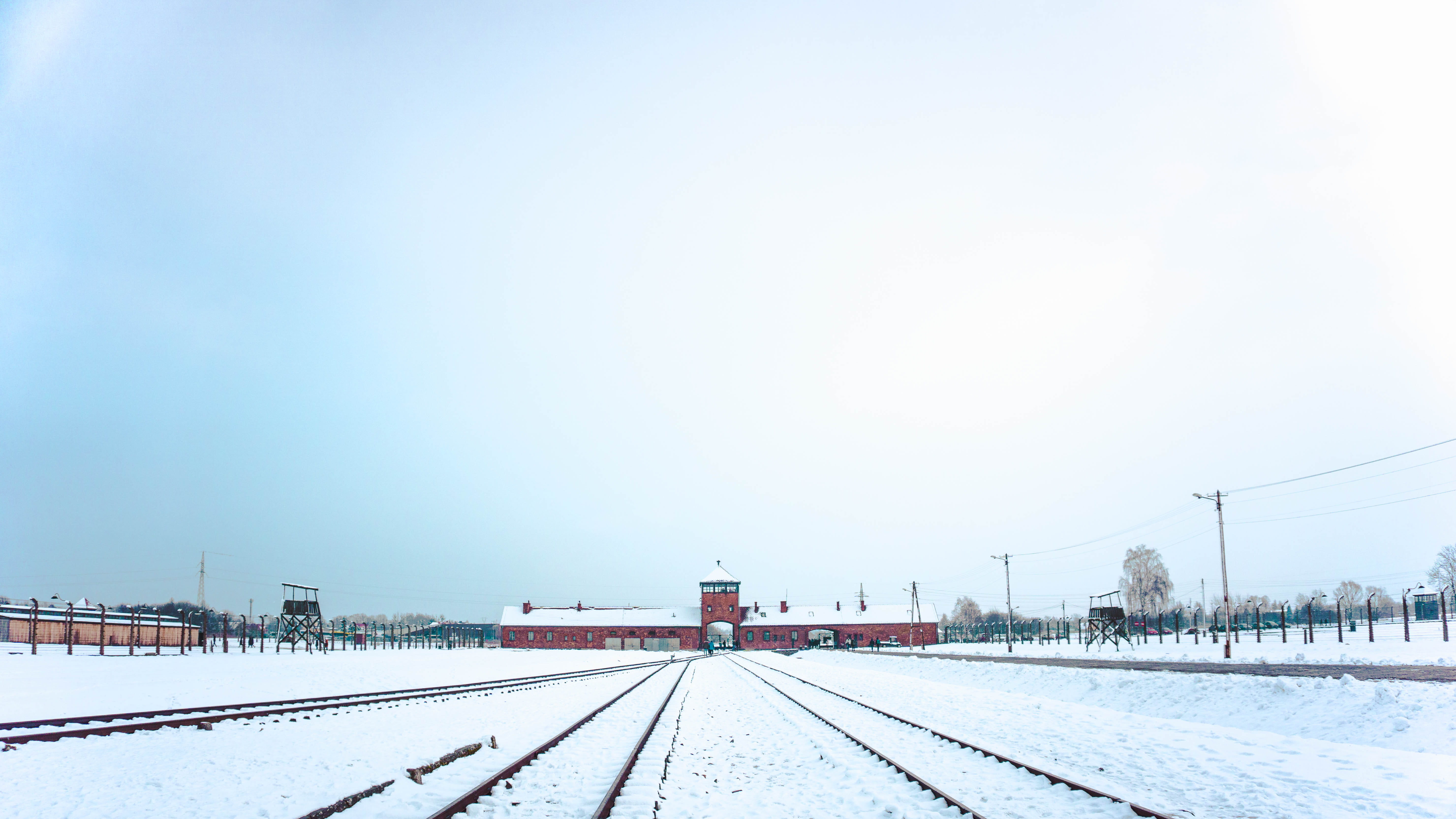poland, covering, day, snow, auschwitz ii-birkenau, white color, scenics - nature, winter, sky, krakow, camp, cold temperature, transportation, railroad track, HD Wallpaper