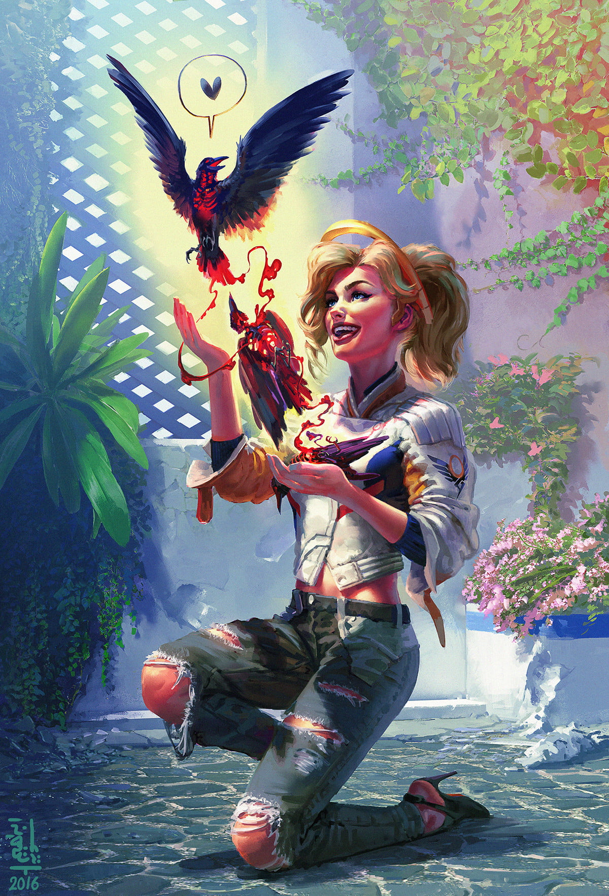 jeans, Ibrahem Swaid, cheerful, bird, young women, plants, full length, young adult, women, animal wildlife, positive emotion, happiness, Overwatch, Mercy (Overwatch), Phone HD Wallpaper