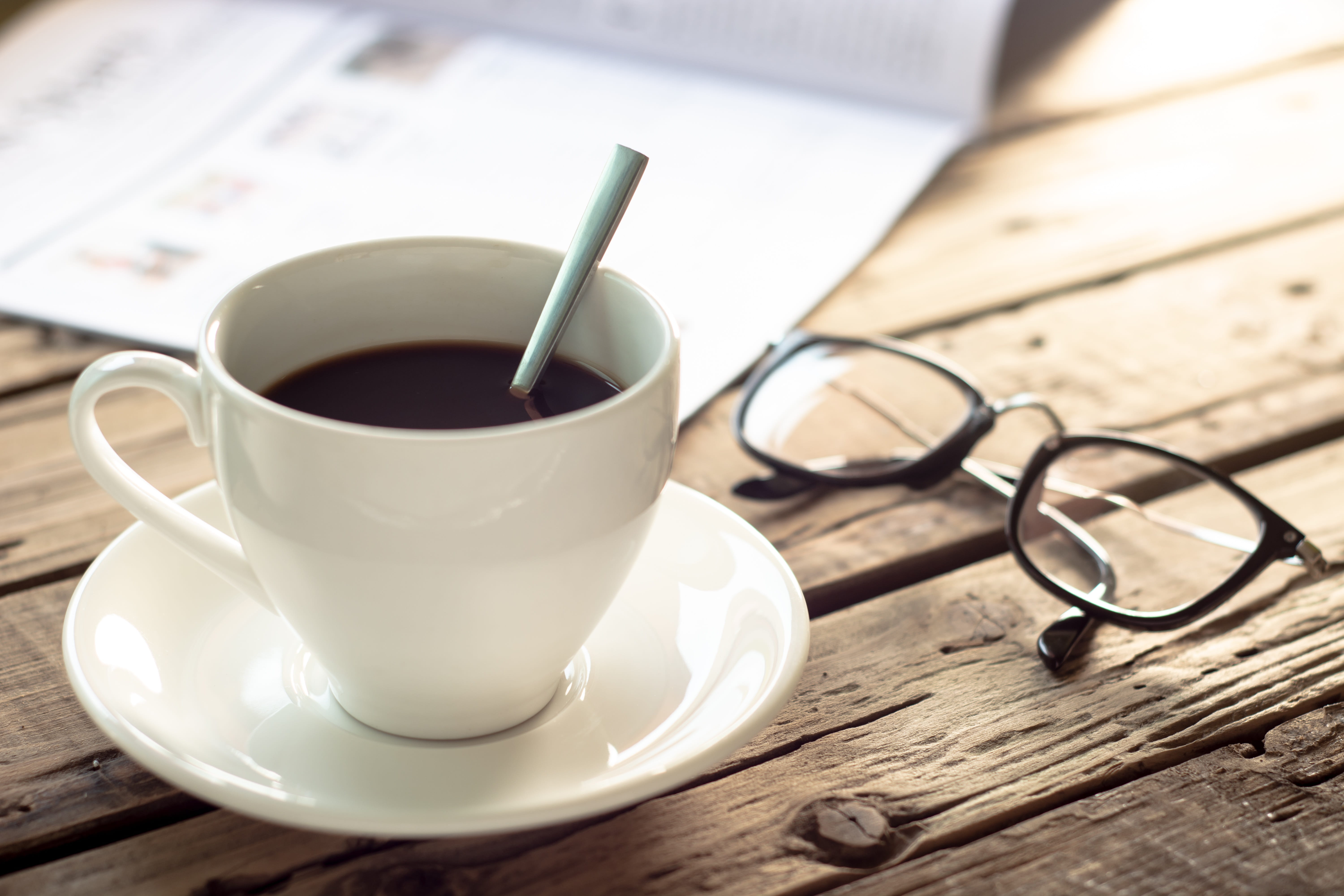 freshness, tea, saucer, cafe, coffee - drink, coffee, close-up, brown, tea cup, caffeine, glasses, mug, read, no people, table, black coffee, newspaper, HD Wallpaper