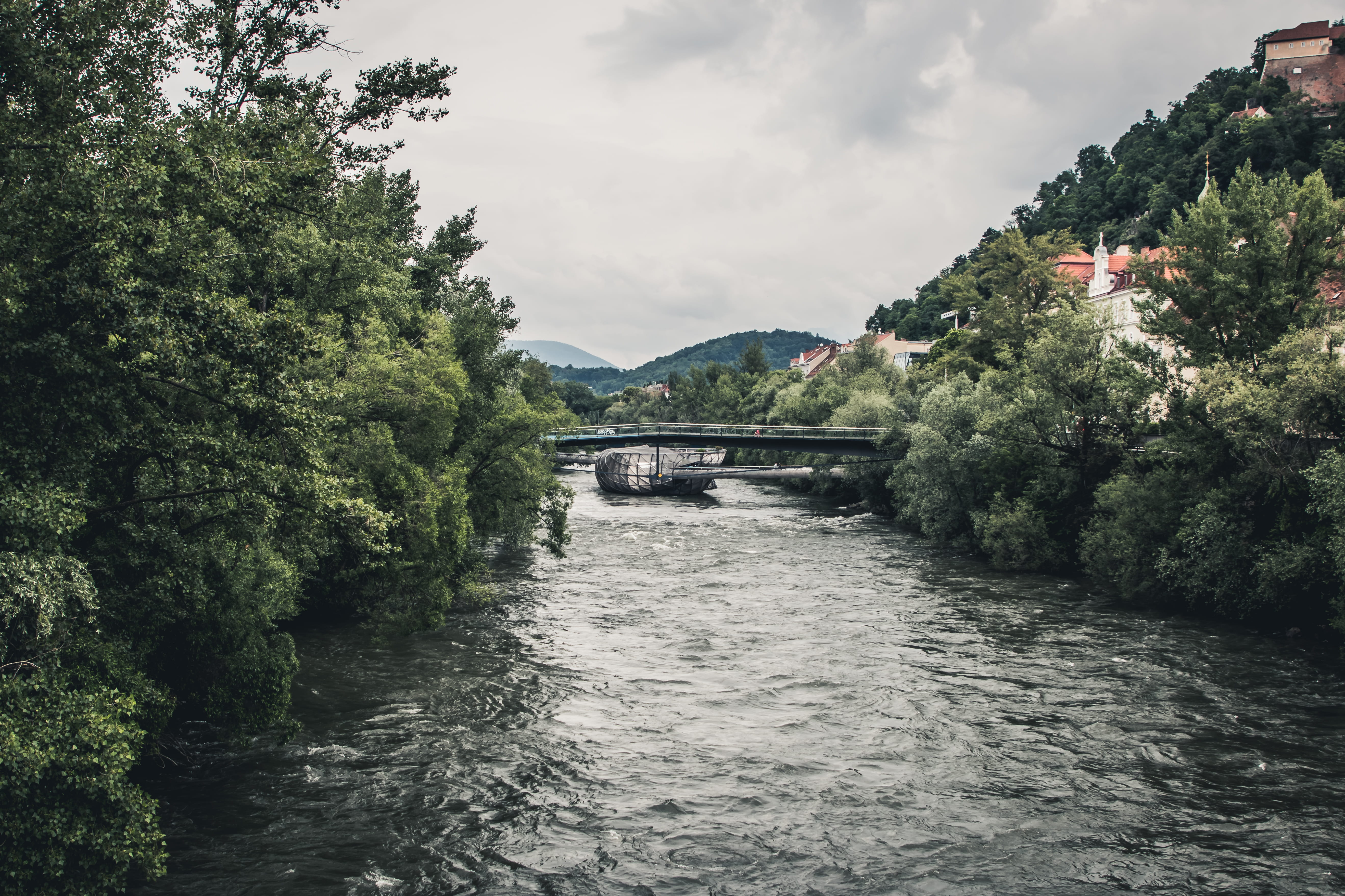 murinsel, nature, flowing water, austria, mur, city, waterfront, bridge - man made structure, graz, 5K, beauty in nature, mountain, island, transportation, HD Wallpaper