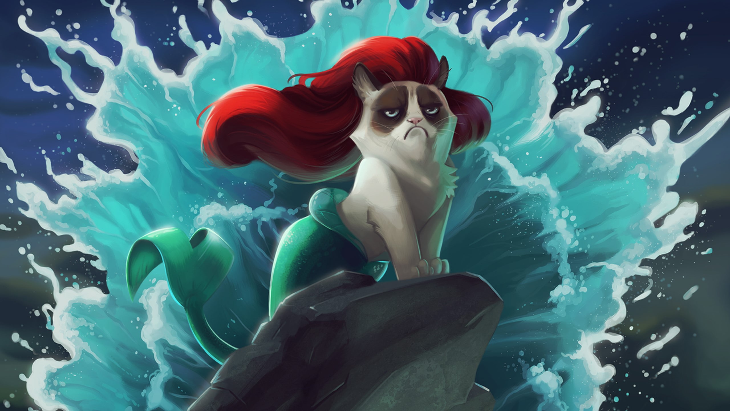 women, creativity, Cartoon, representation, water, Grumpy cat, Mermaid, female likeness, one person, sea, winter, blue, paint, adult, turquoise colored, HD Wallpaper