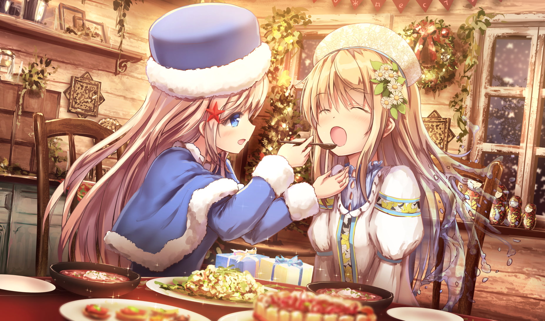 720P, borscht, open mouth, long hair, blue eyes, red star, Matryoshka dolls, anime girls, blonde, closed eyes, headdress, food, Russian, HD Wallpaper