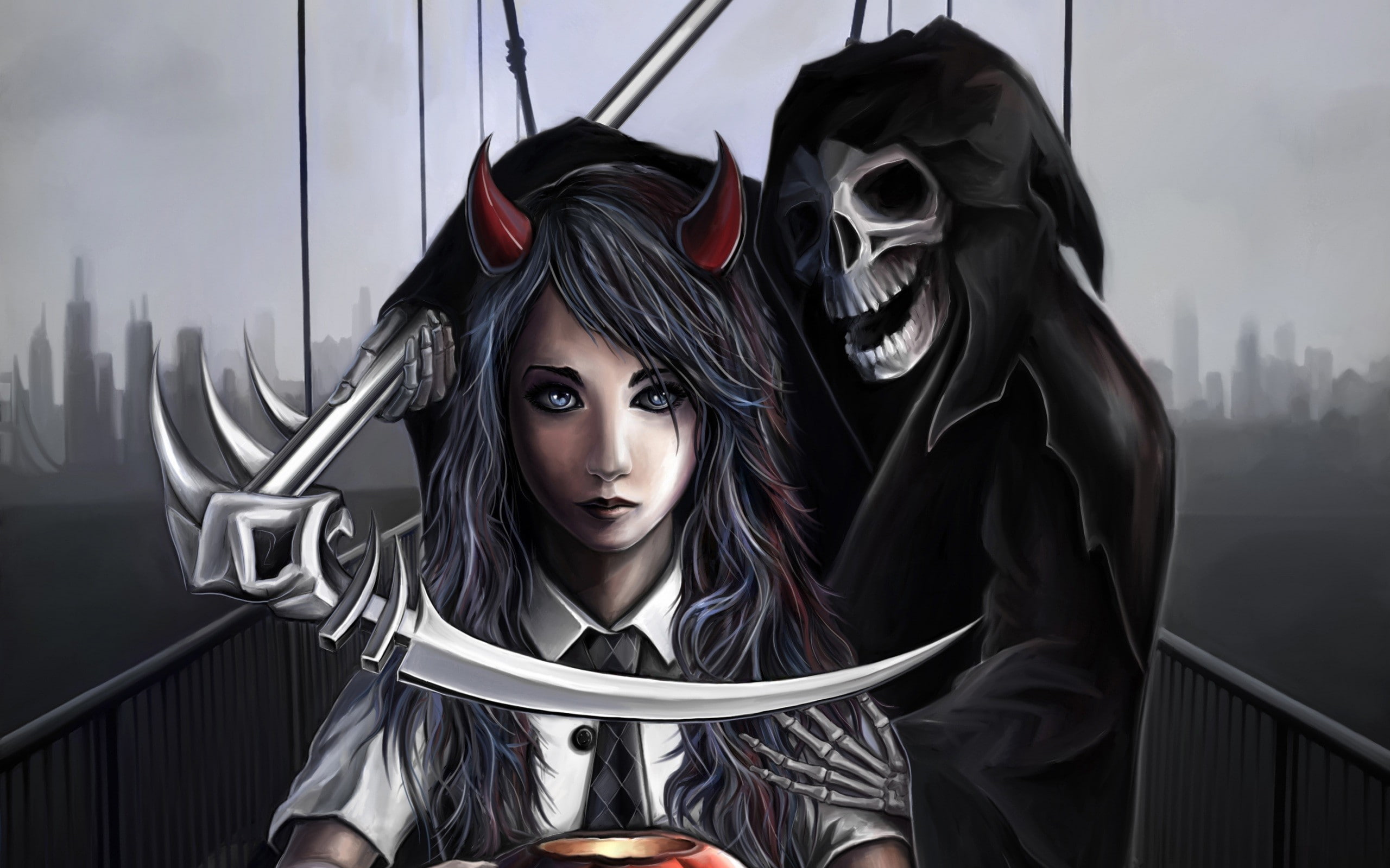 bridge, bones, women, digital art, Cityscape, skeleton, grim reaper, 2K, skull, spooky, scythe, horns, devils, death, HD Wallpaper