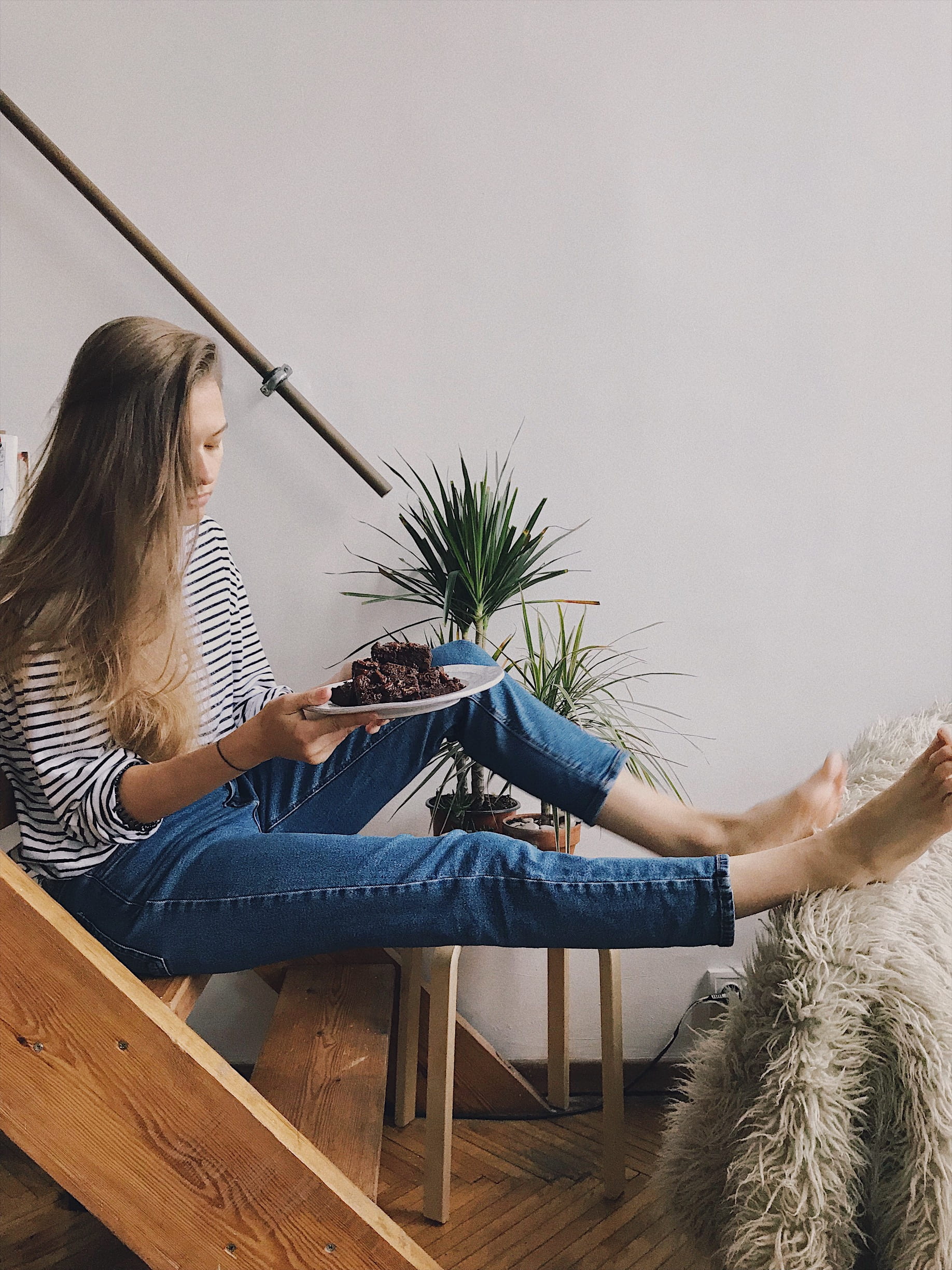 full length, model, female, sitting, top, long, real people, hair, plant, holding, striped, 1080P, plants, morning, ceramic, brownie, wall - building feature, Phone HD Wallpaper