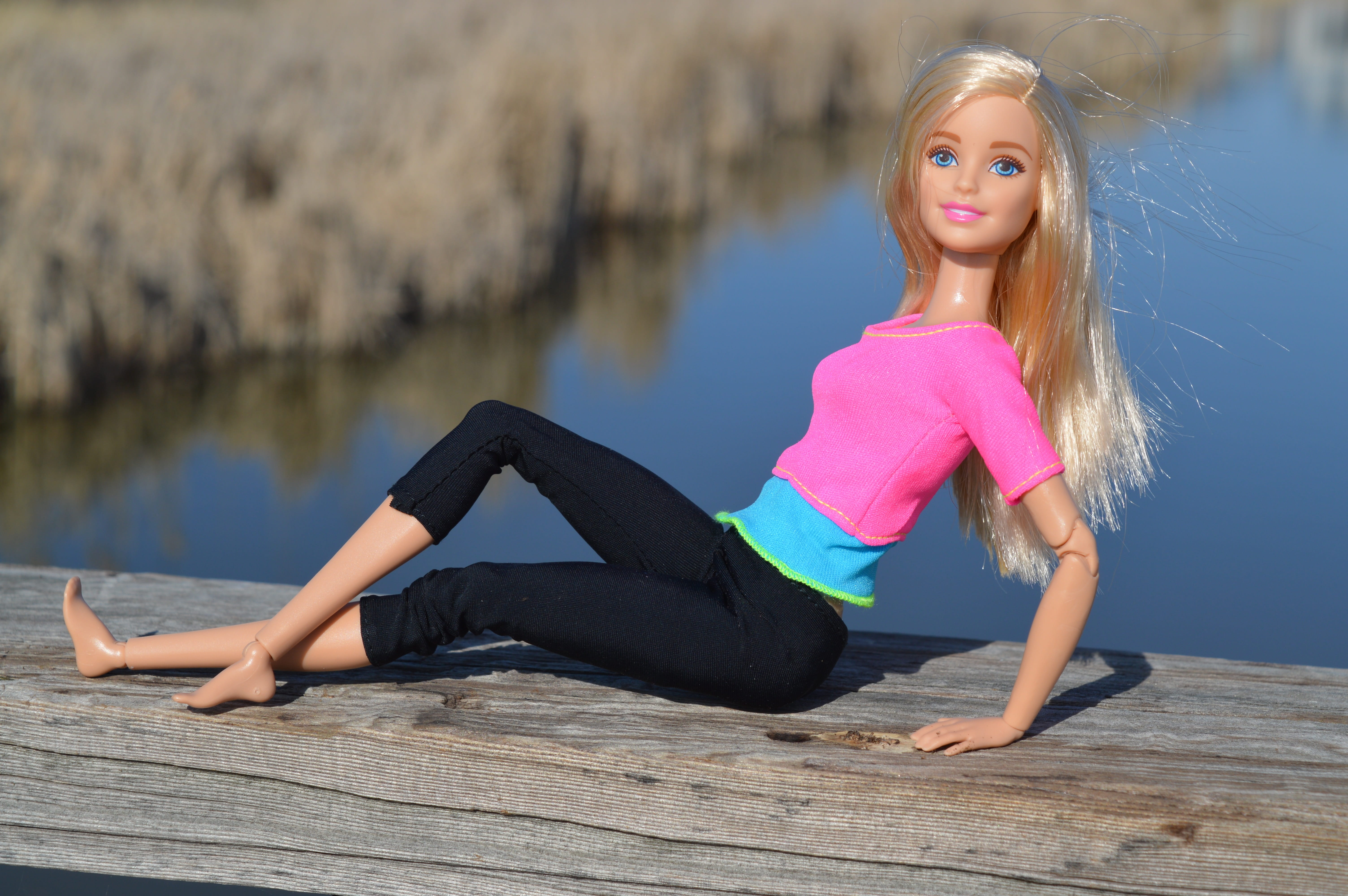 beautiful woman, posing, pink, toy, portrait, lake, attractive, beauty, leisure activity, looking at camera, outdoors, doll, barbie, caucasian, women, day, HD Wallpaper