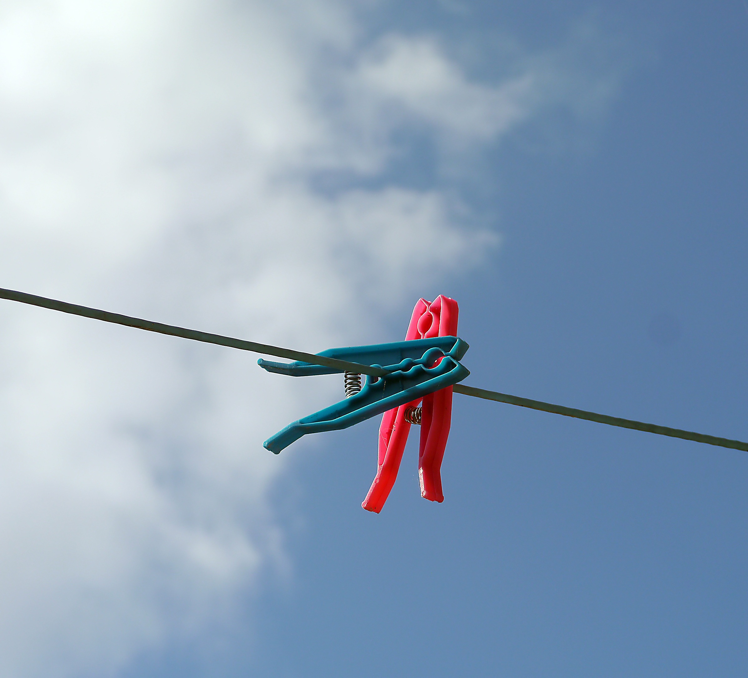 low angle view, red, blue, multi colored, cable, wash, outdoors, washing, plastic, clothespins, two, fresh, clothing, day, wind, cord, black, air, drying, HD Wallpaper