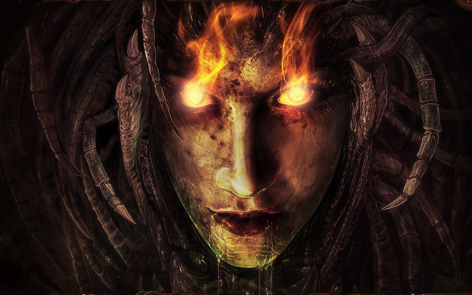 fire, front view, orange color, game, Queen Of Blades, dark, no people, flaming, glowing, close-up, character, fire - natural phenomenon, 1080P, HD Wallpaper