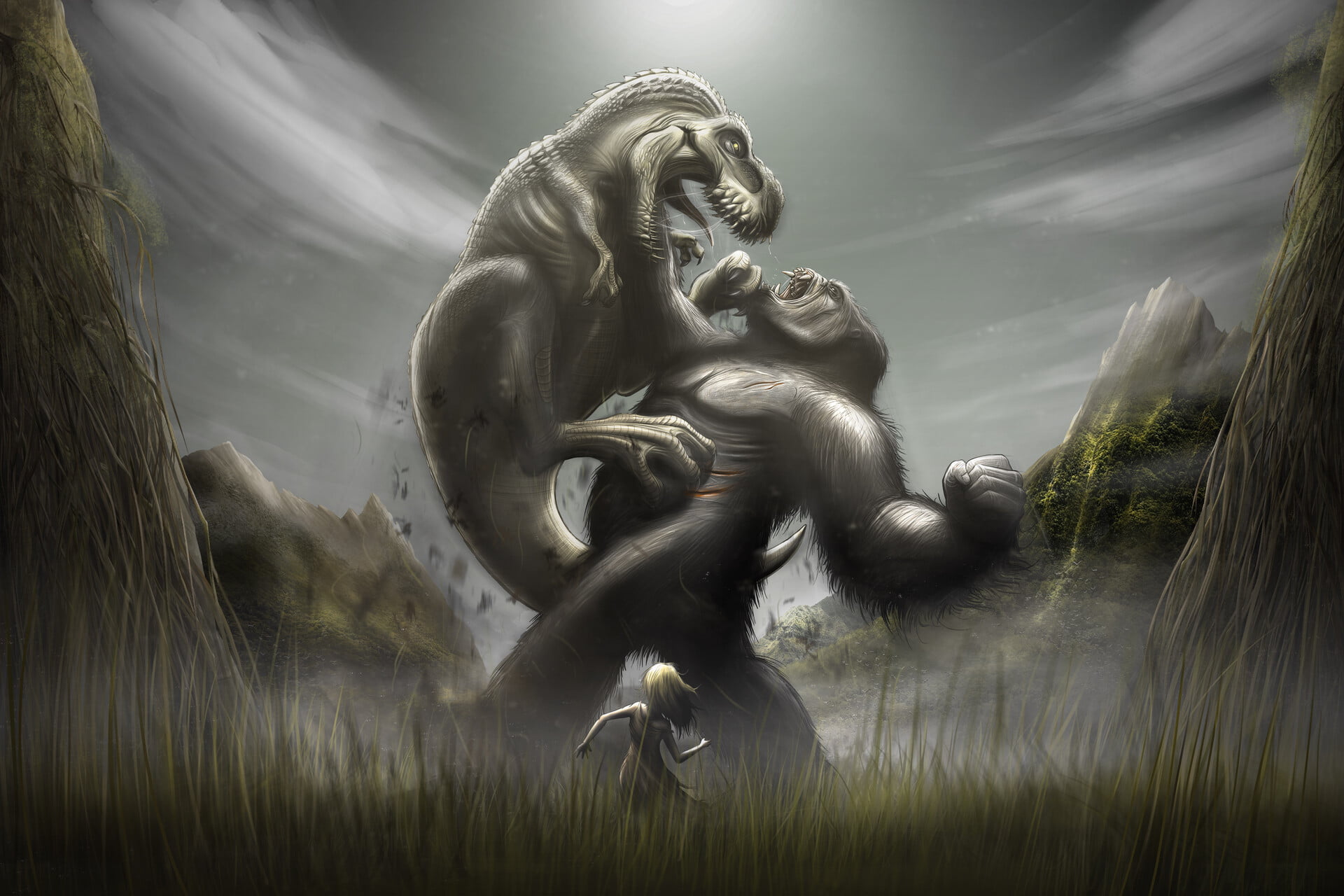 Dinosaur, Fantasy, Battle, King Kong, 1080P, Tyrannosaurus Rex, Girl, HD Wallpaper