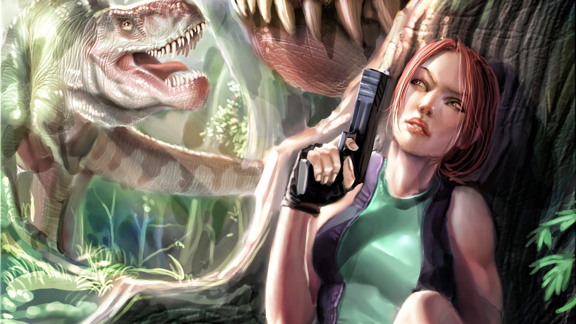 x, video, raider, 1080P, games, croft, Tomb Raider, hd, lara, dinosaurs, artwork, art, tyrannosaurus, tomb, rex, HD Wallpaper