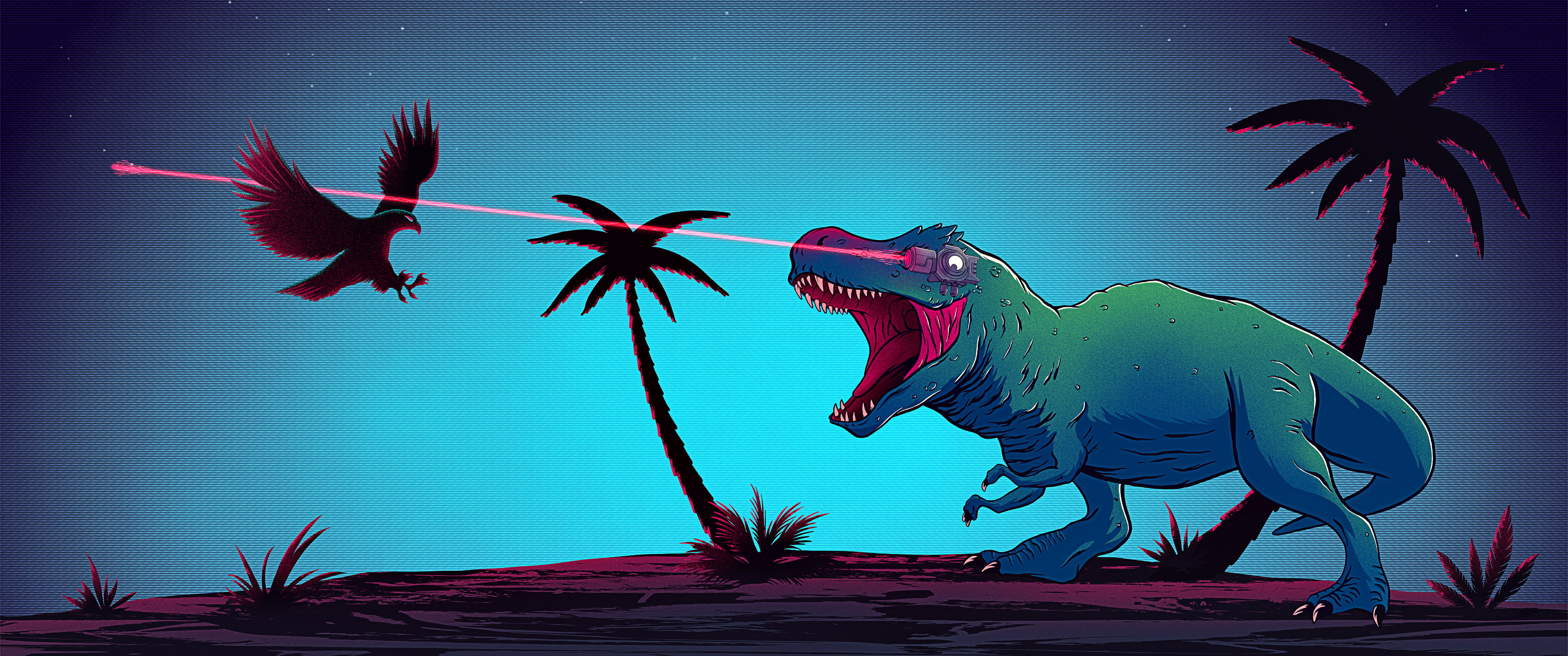 raven, illustration, digital art, laser eyes, trees, palm trees, artwork, laser, island, 2K, digital, ultrawide, Tyrannosaurus rex, HD Wallpaper