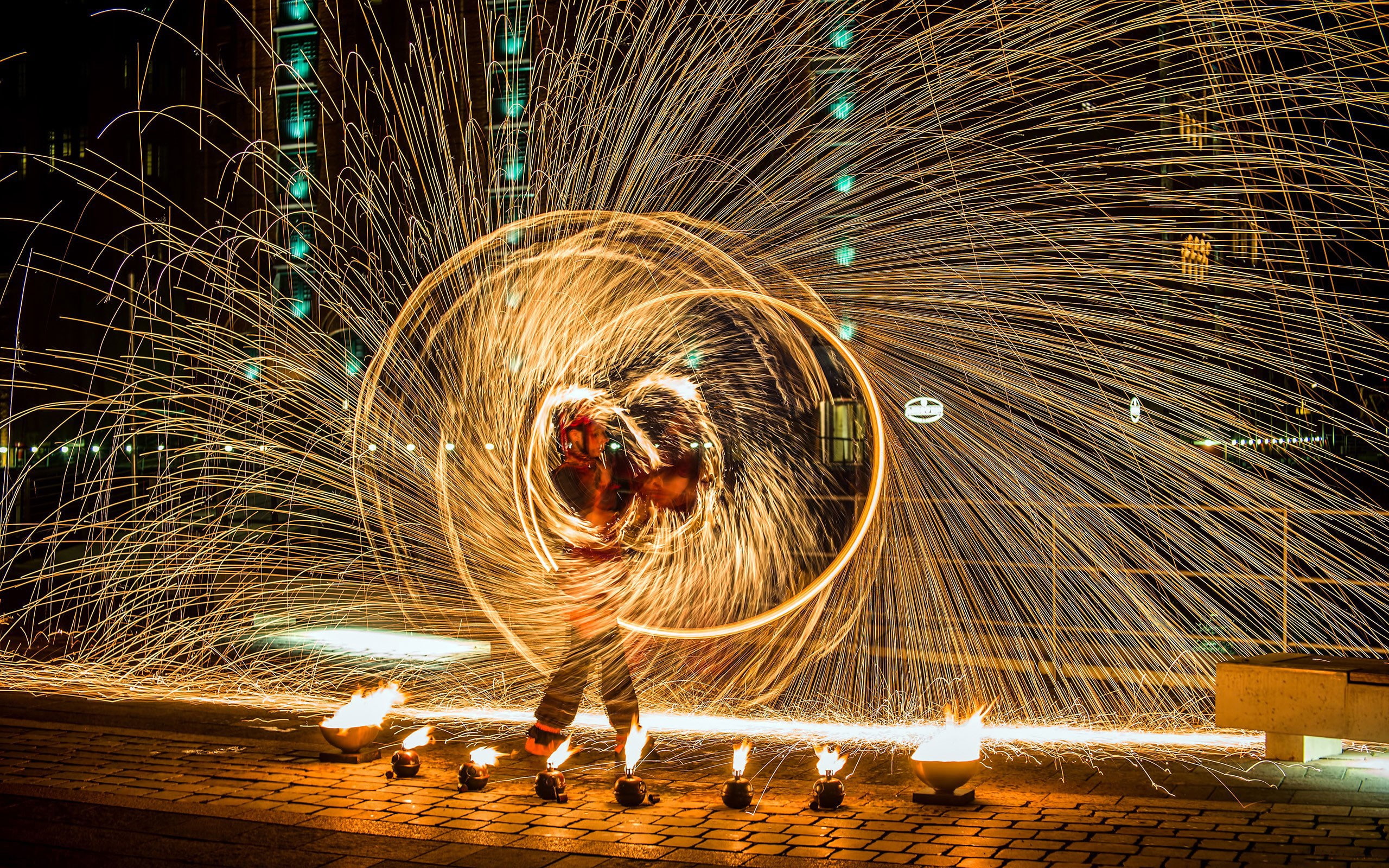 warning sign, light, blurred motion, fire juggling, burning, real people, leisure activity, standing, lifestyles, fire - natural phenomenon, 2K, sparks, HD Wallpaper