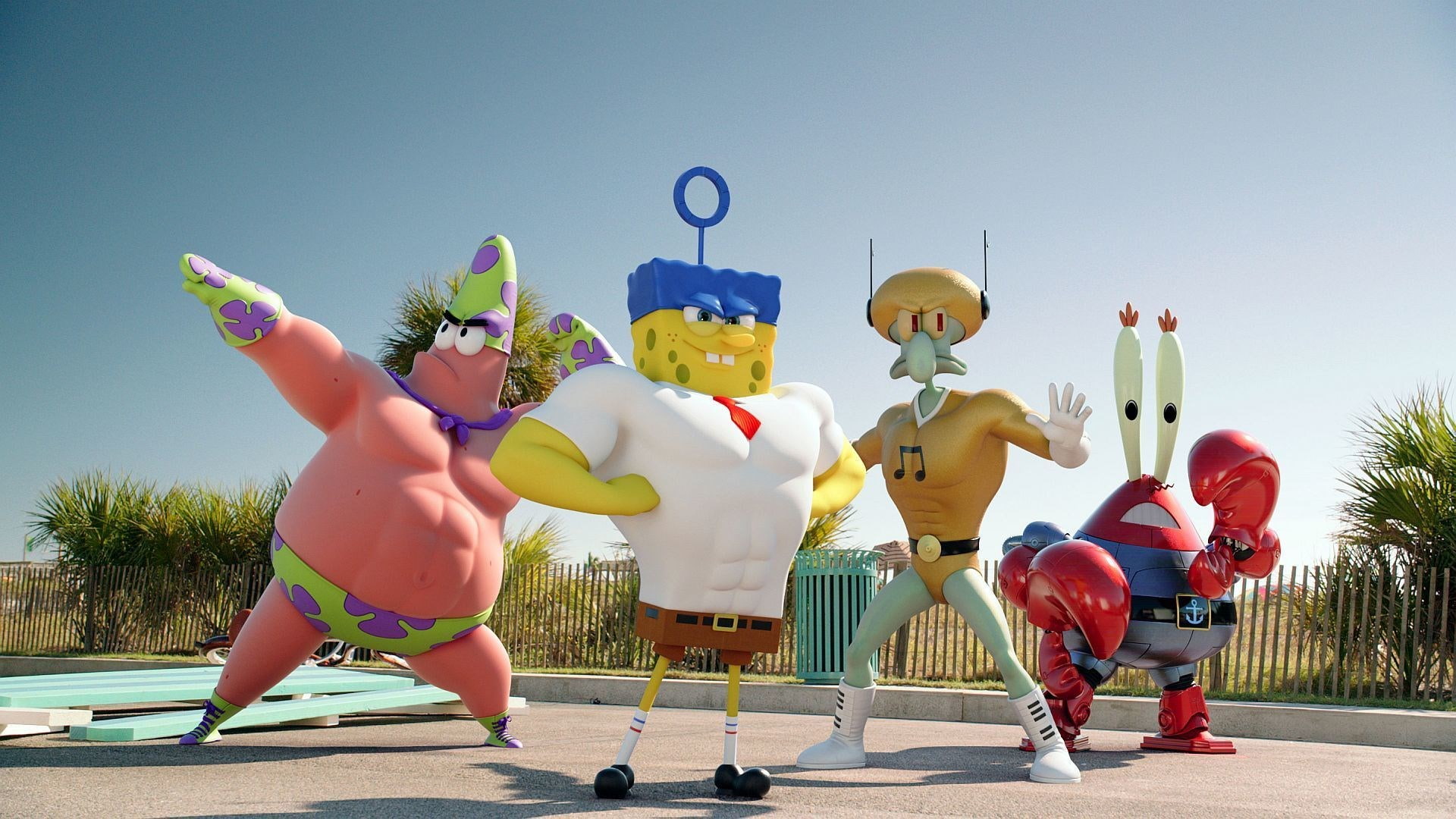people, full length, multi colored, blue, 1080P, childhood, adult, sunny, group of people, representation, sky, nature, the spongebob movie sponge out of water, HD Wallpaper
