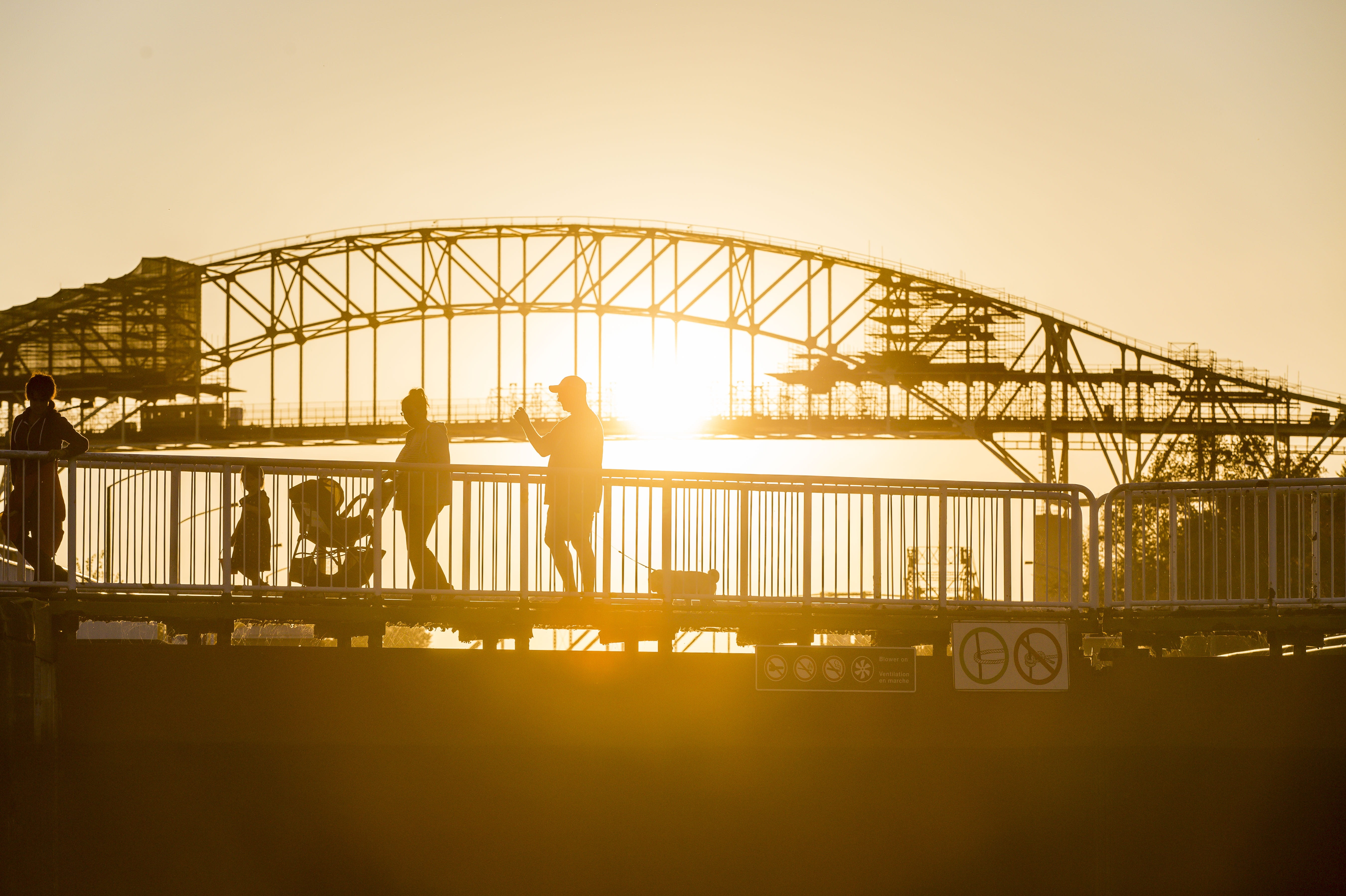 child, family, soo locks, mom, michigan, bridge - man made structure, sault sainte marie, stroller, crossing, built structure, sun, transportation, city, HD Wallpaper