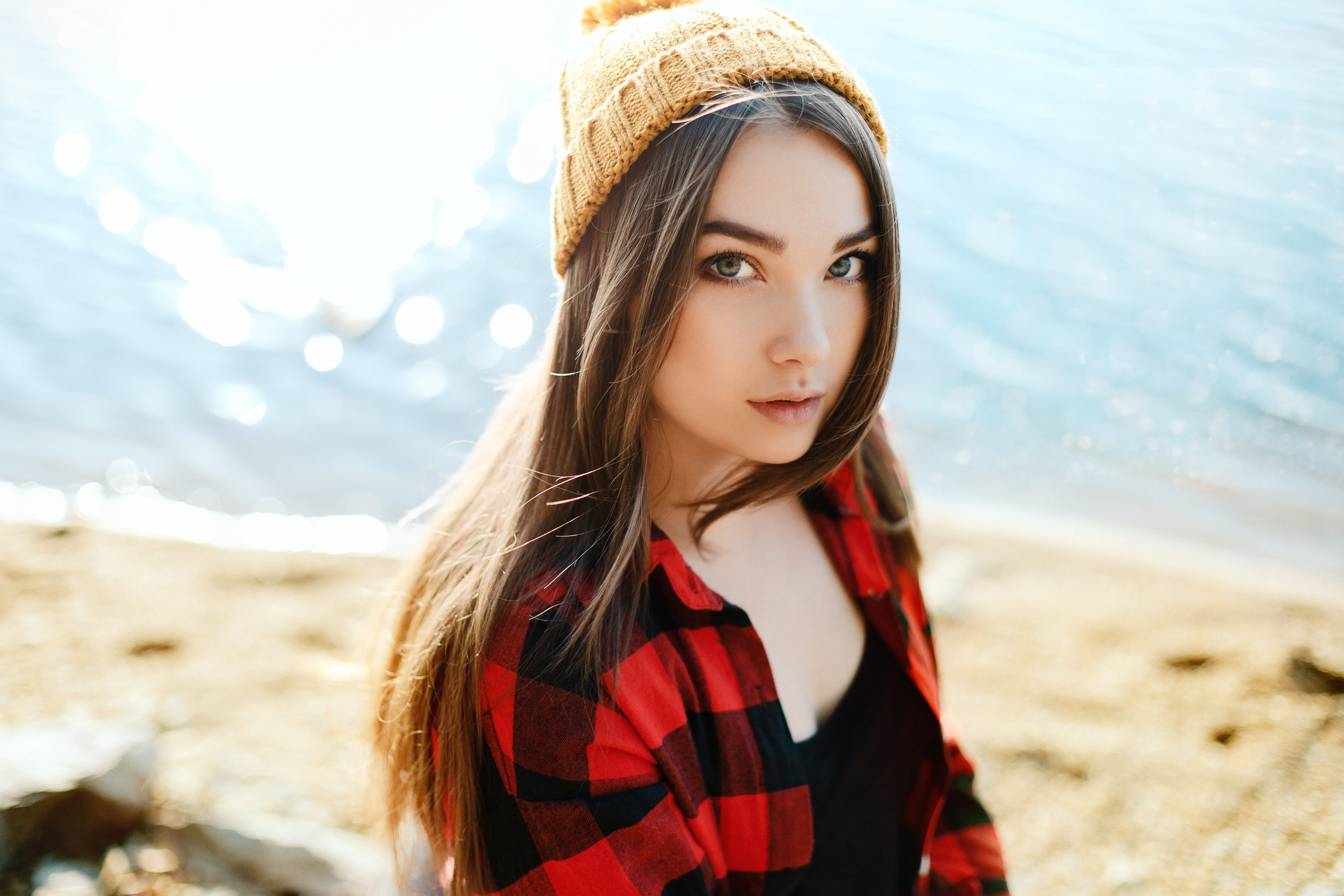 young adult, water, hair, scarf, blonde, photoshoot, beach, long hair, warm clothing, shirt, sunny day, nature, autumn nature, portrait, hairstyle, young women, HD Wallpaper